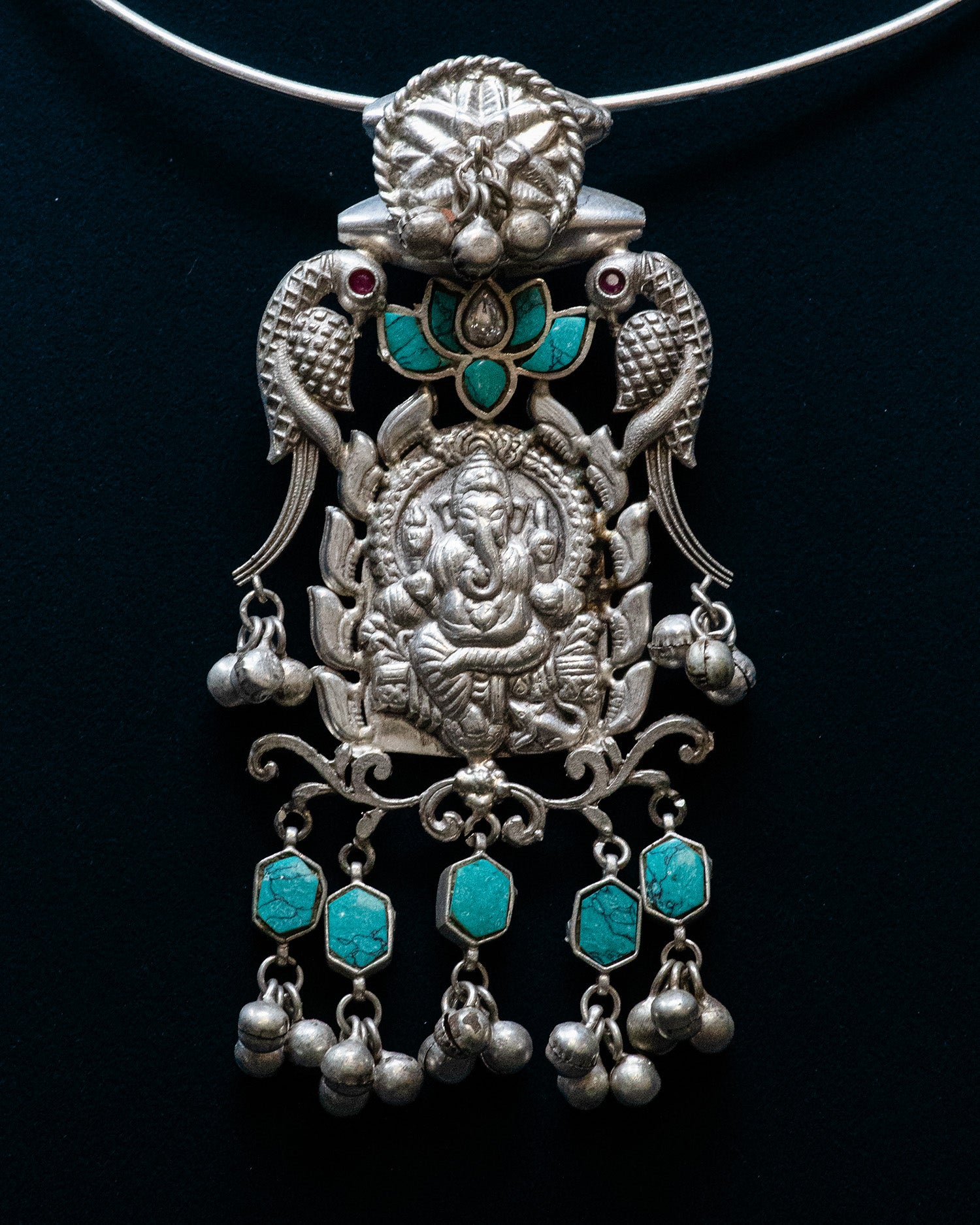 Turquoise Stone Peacock Ganesha Silver Look Alike Pendant Set