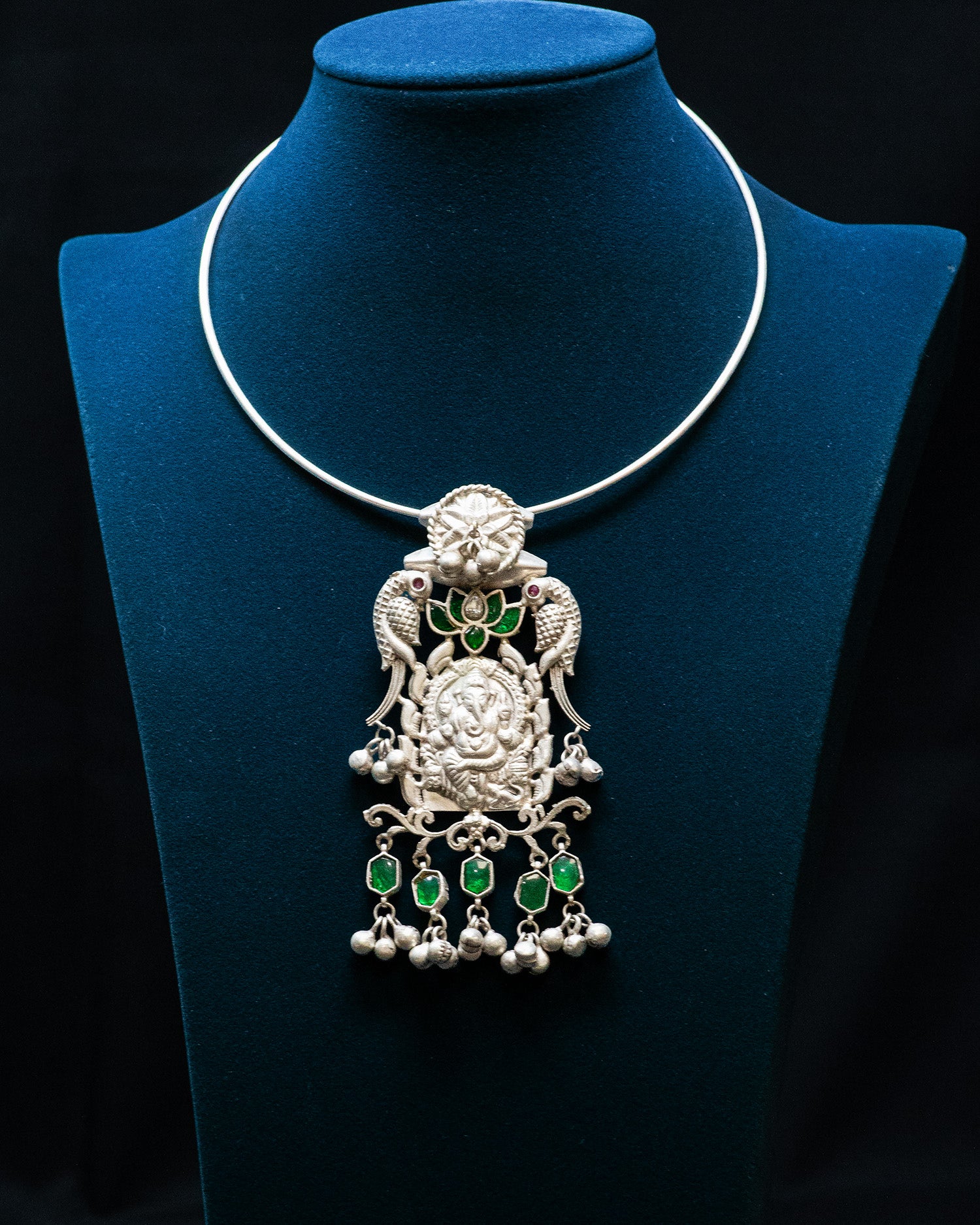 Green Stone Peacock Ganesha Silver Look Alike Pendant Set