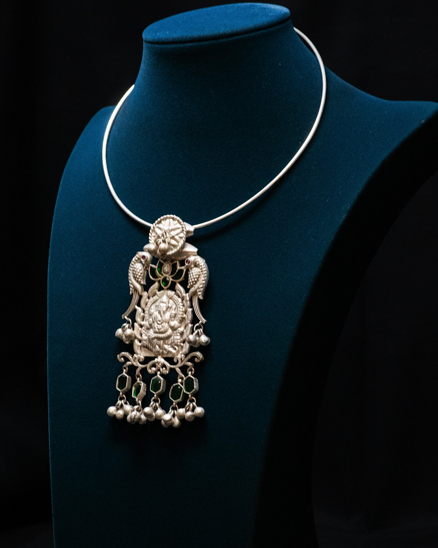 Green Stone Peacock Ganesha Silver Look Alike Pendant Set