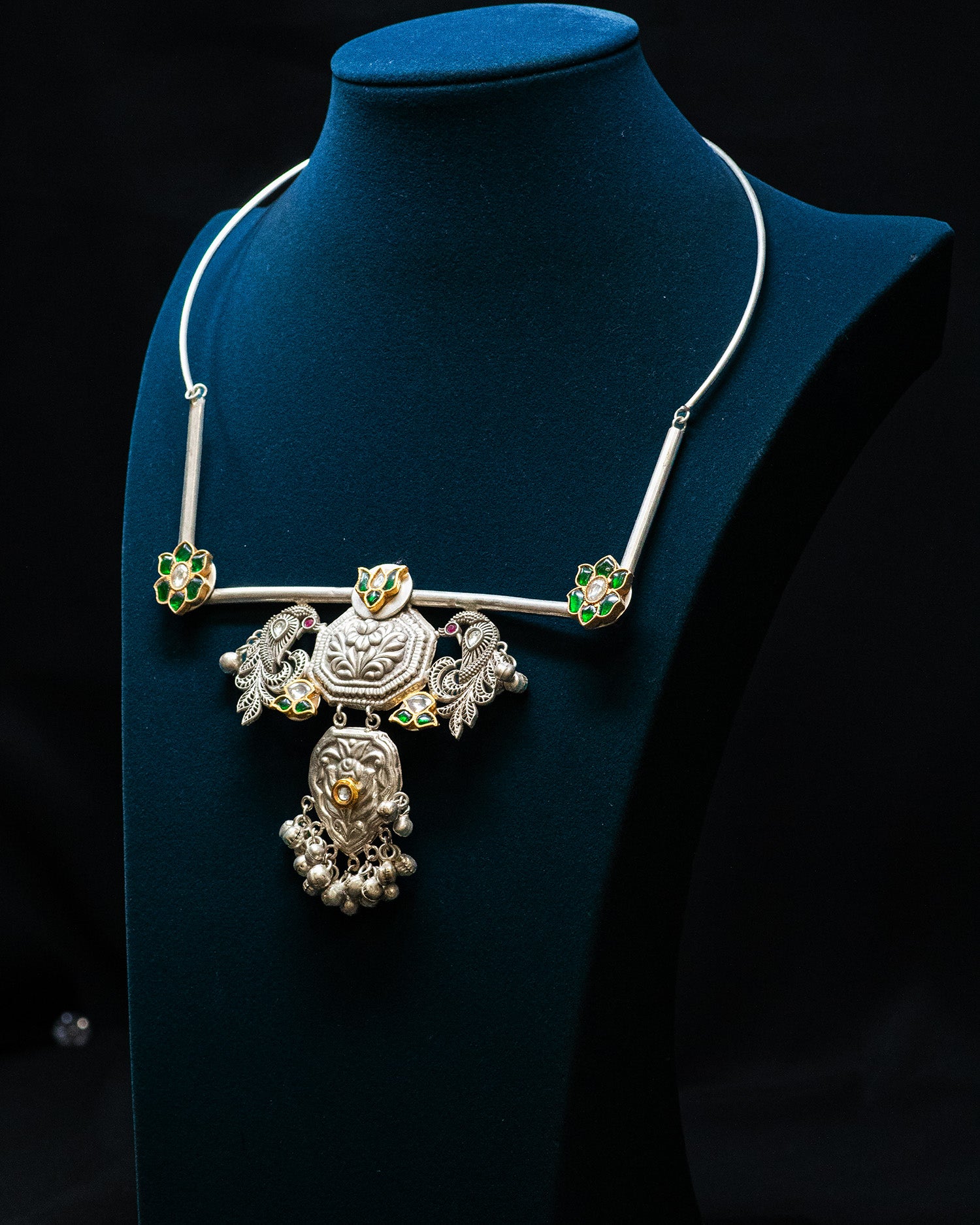 Green Flora Dual Peacock Antique Silver Look Alike Necklace Set