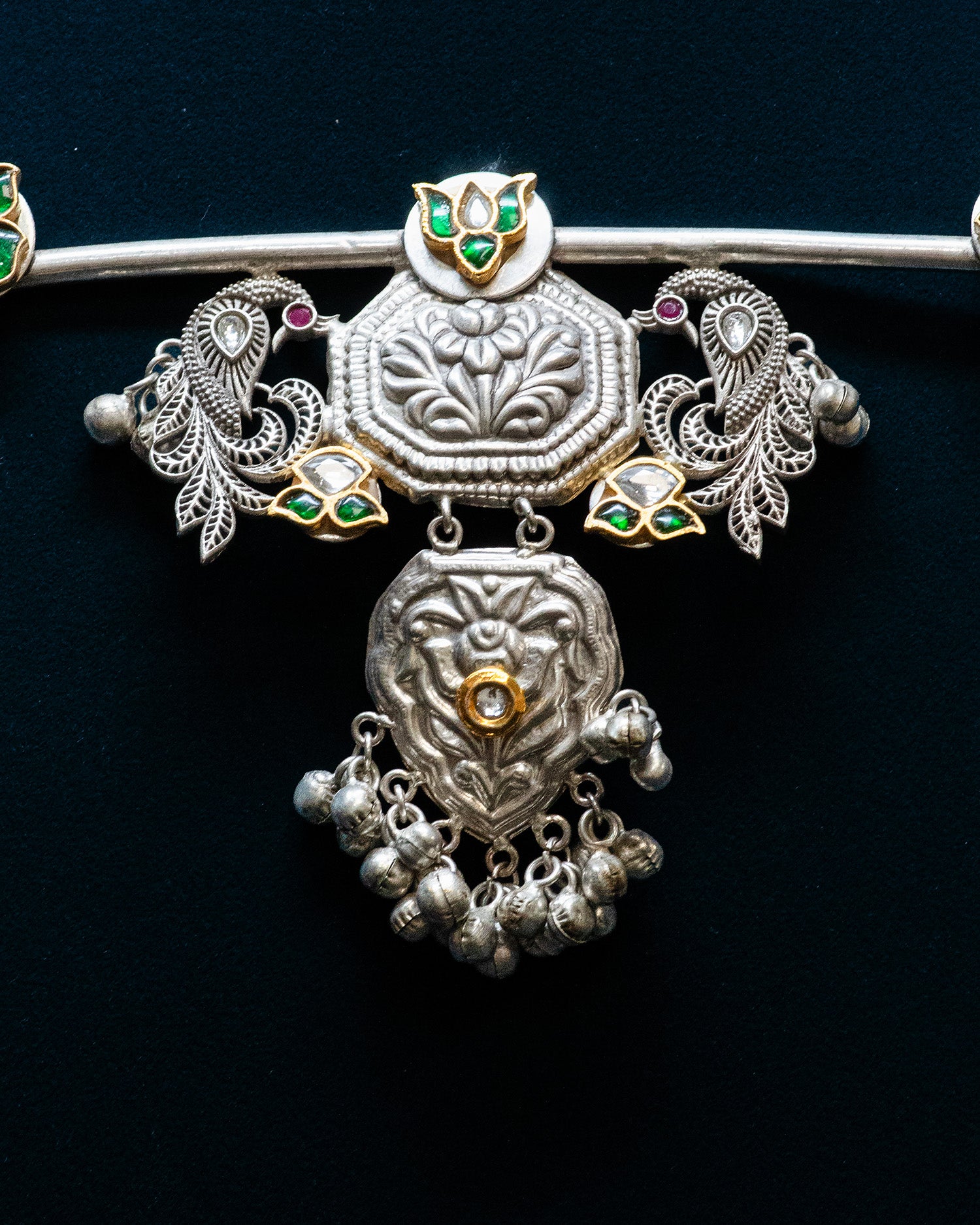 Green Flora Dual Peacock Antique Silver Look Alike Necklace Set