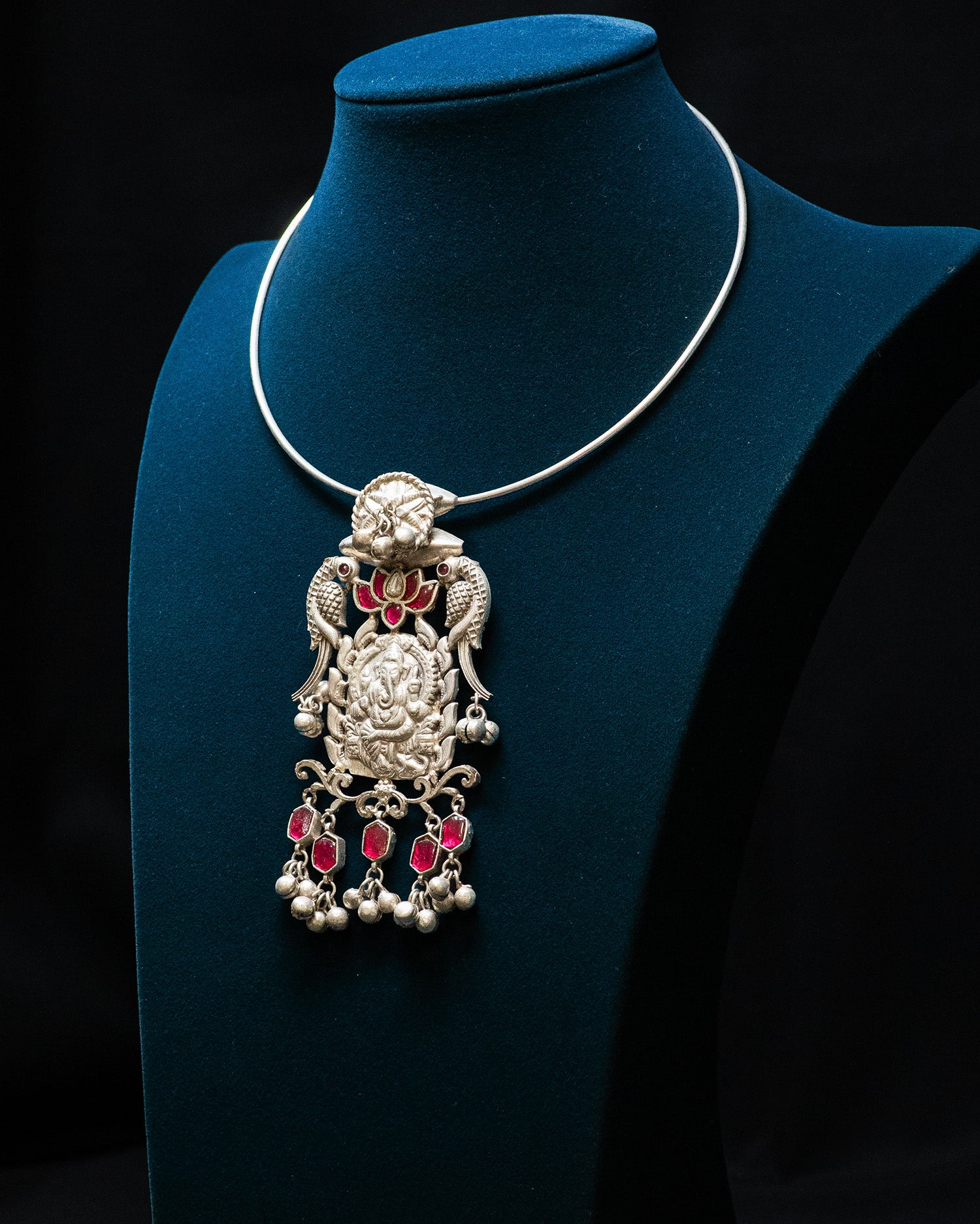 Pink Stone Peacock Ganesha Silver Look Alike Pendant Set