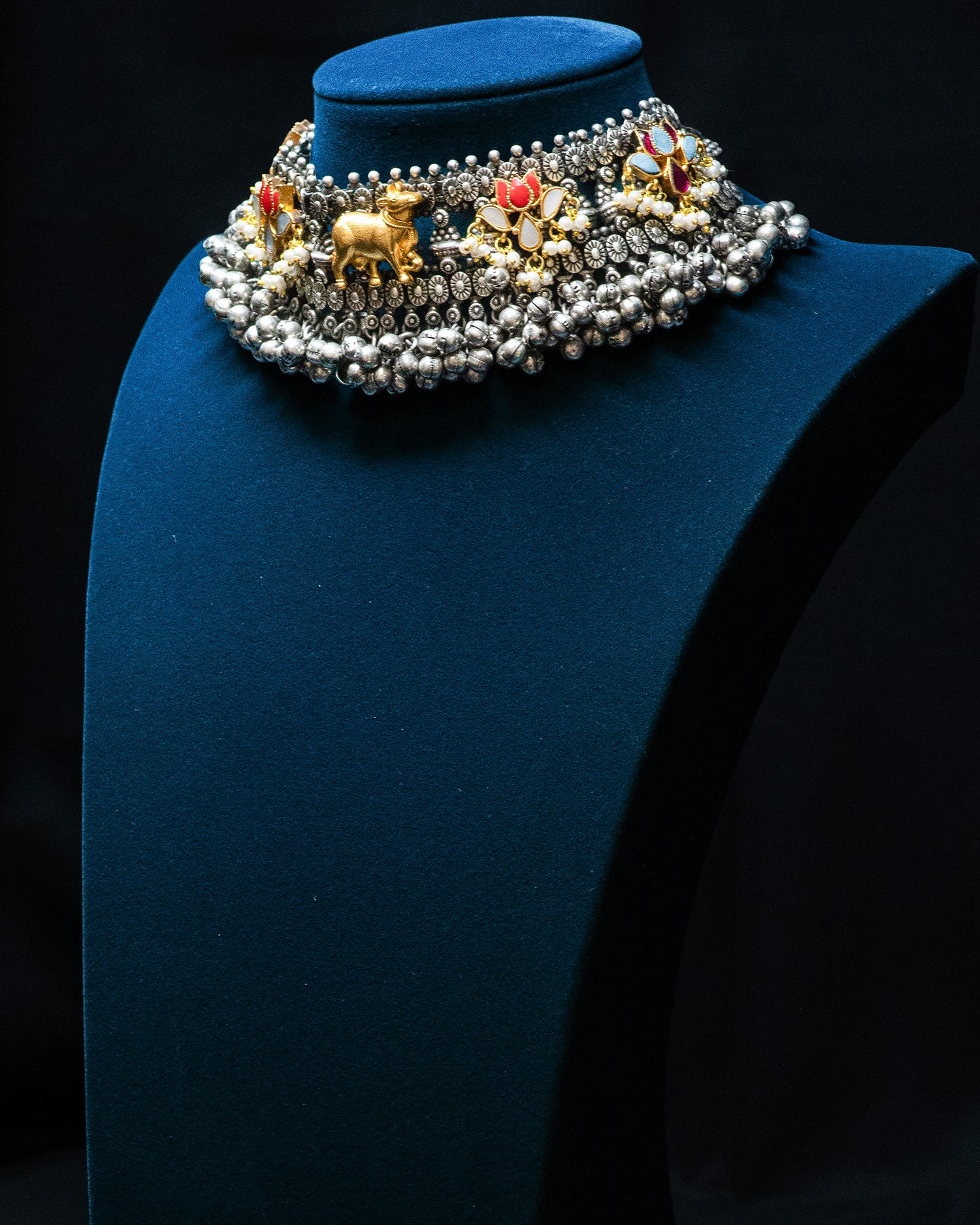 Golden Bull Orange Lotus Ghunghroo Silver Look Alike Choker Set
