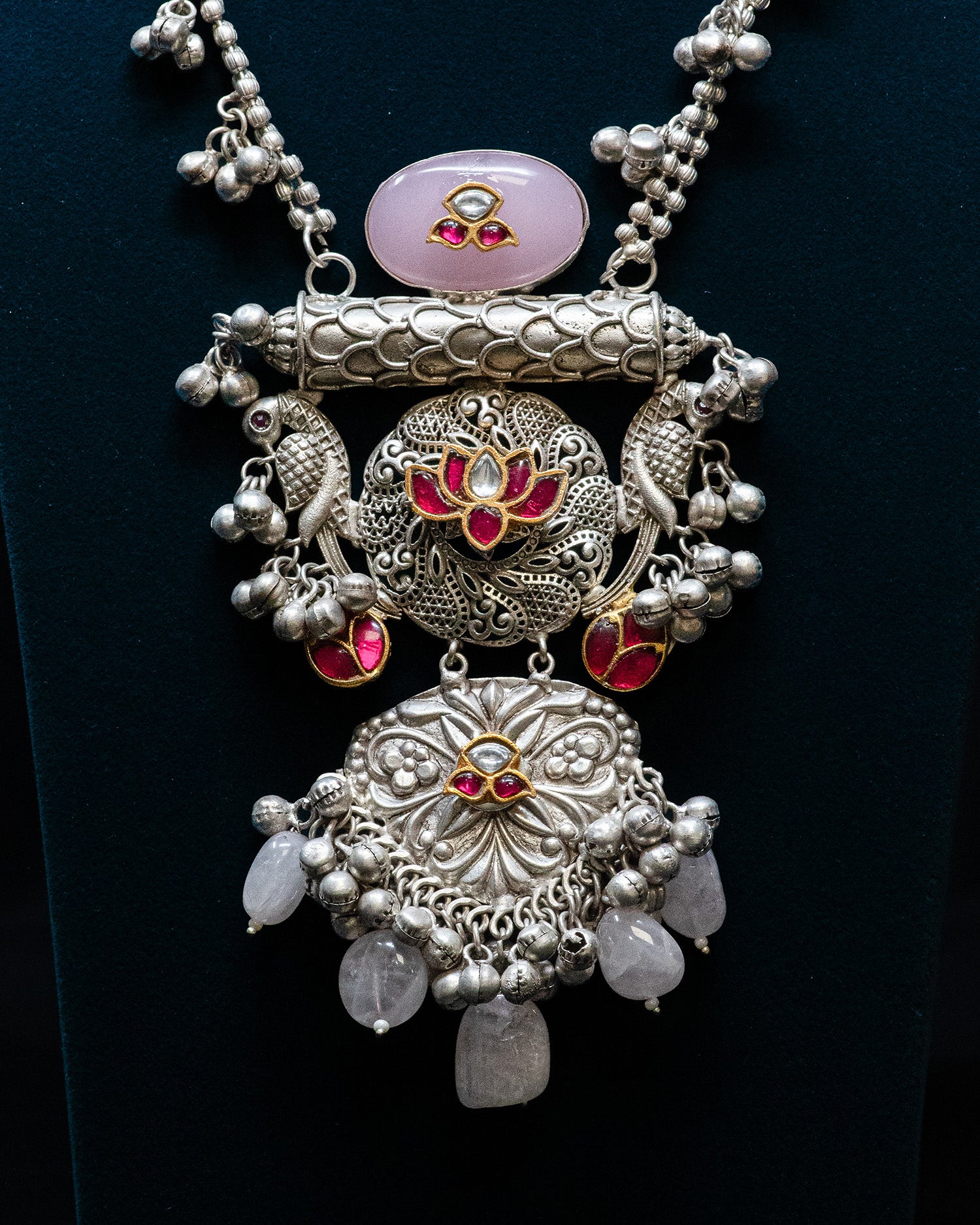 Mauve Stone White Pearl Antique Long Silver Look Alike Necklace Set