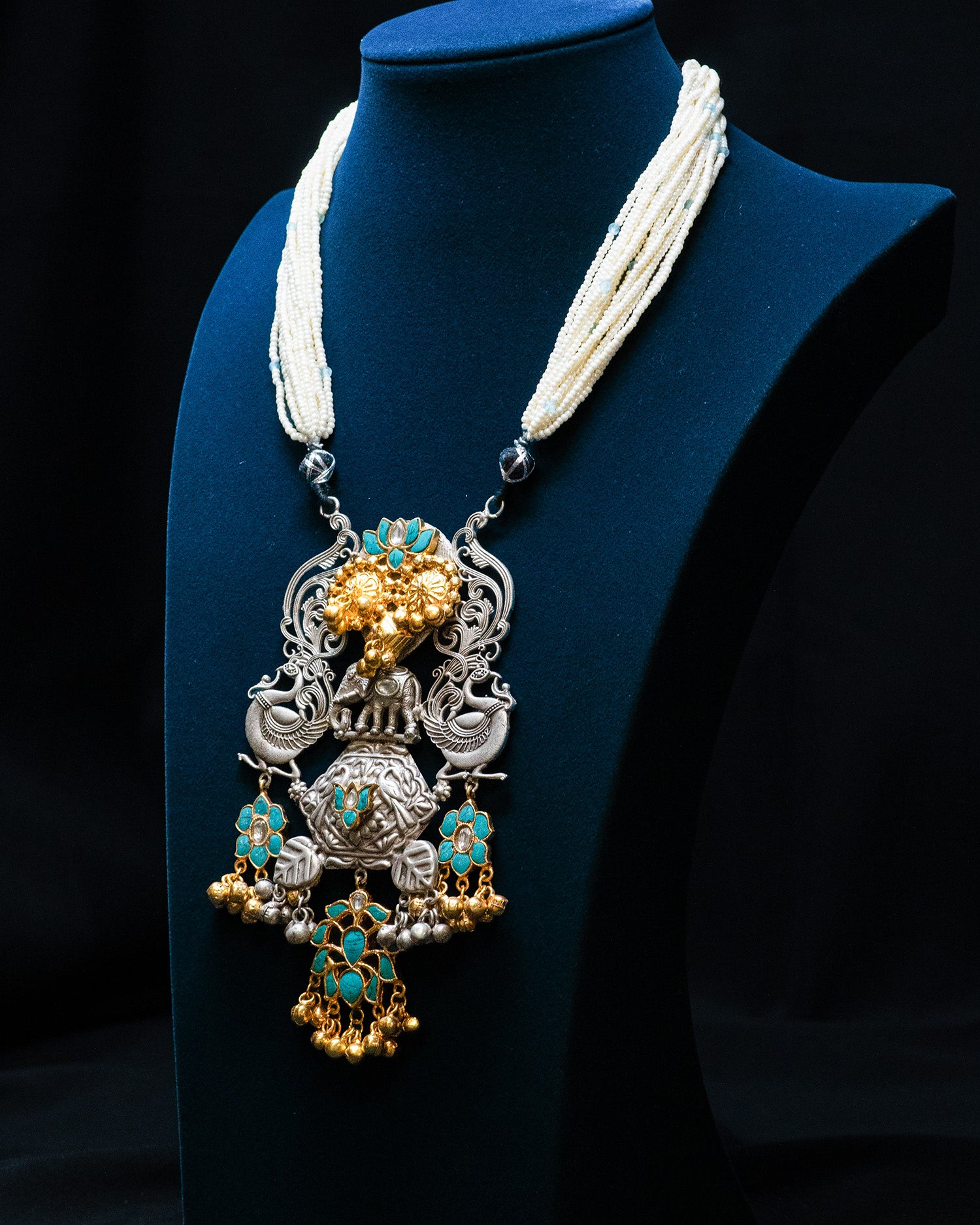 Victorian Style Blue Flora Dual Peacock Silver Look Alike Necklace Set