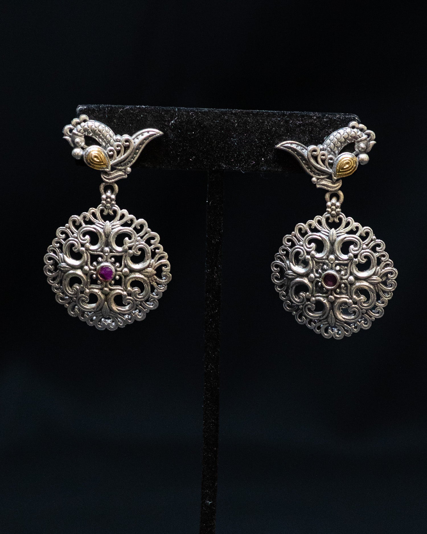 Brown Stone Pink Beads Peacock String Silver Look Alike Necklace Set