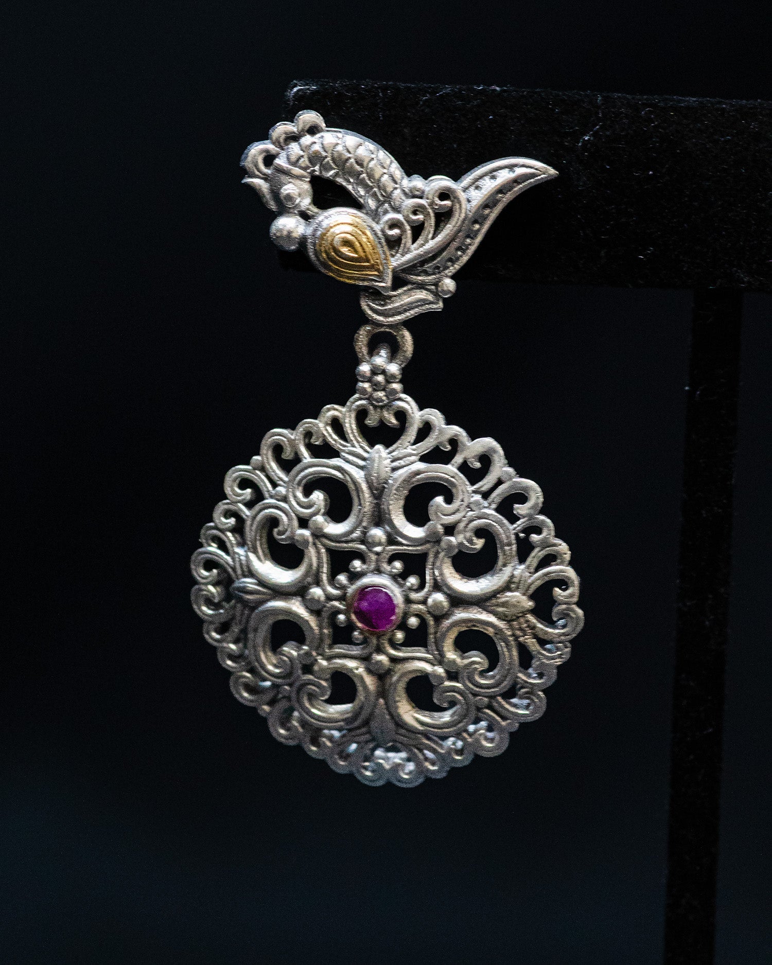 Brown Stone Pink Beads Peacock String Silver Look Alike Necklace Set