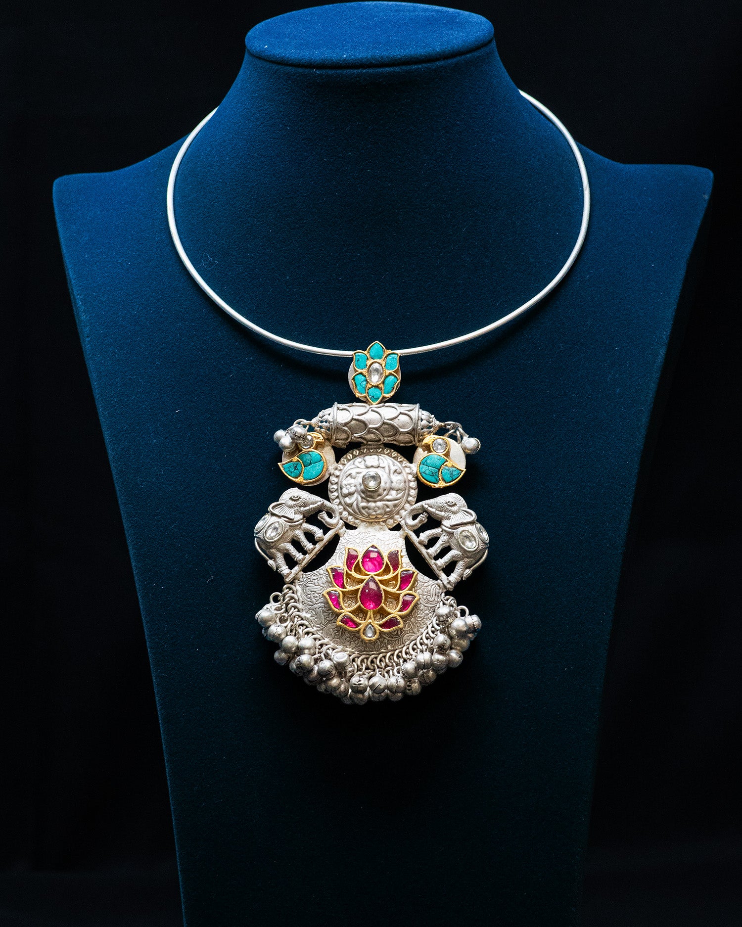 Elephant Motif Blue Stone Pink Lotus Silver Look Alike Necklace Set