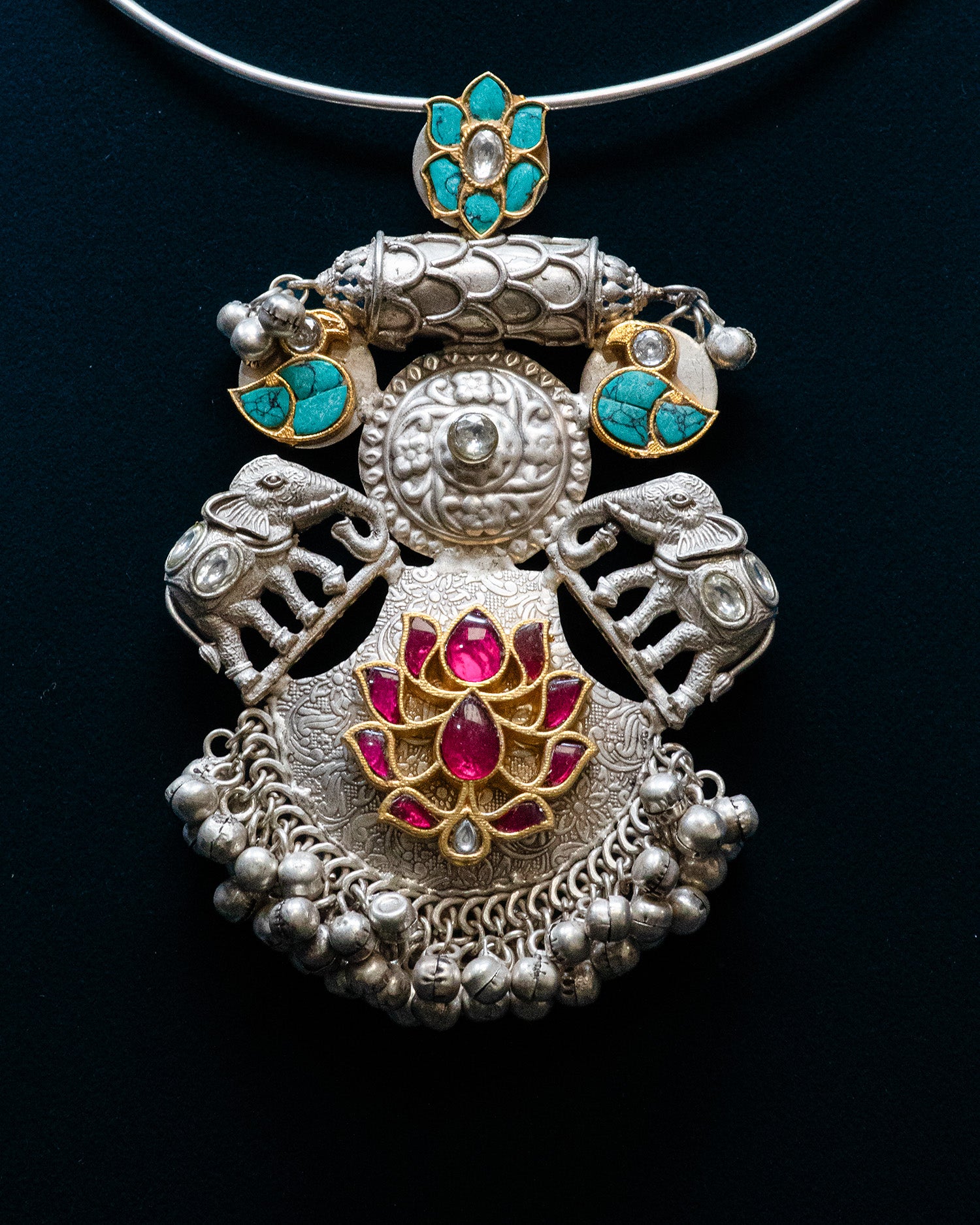 Elephant Motif Blue Stone Pink Lotus Silver Look Alike Necklace Set