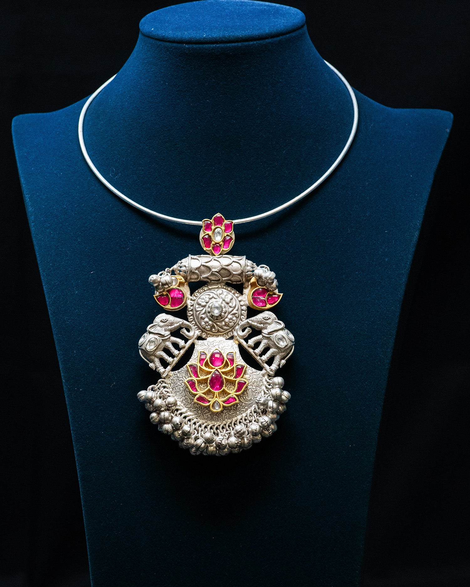 Elephant Motif Pink Stone Pink Lotus Silver Look Alike Necklace Set