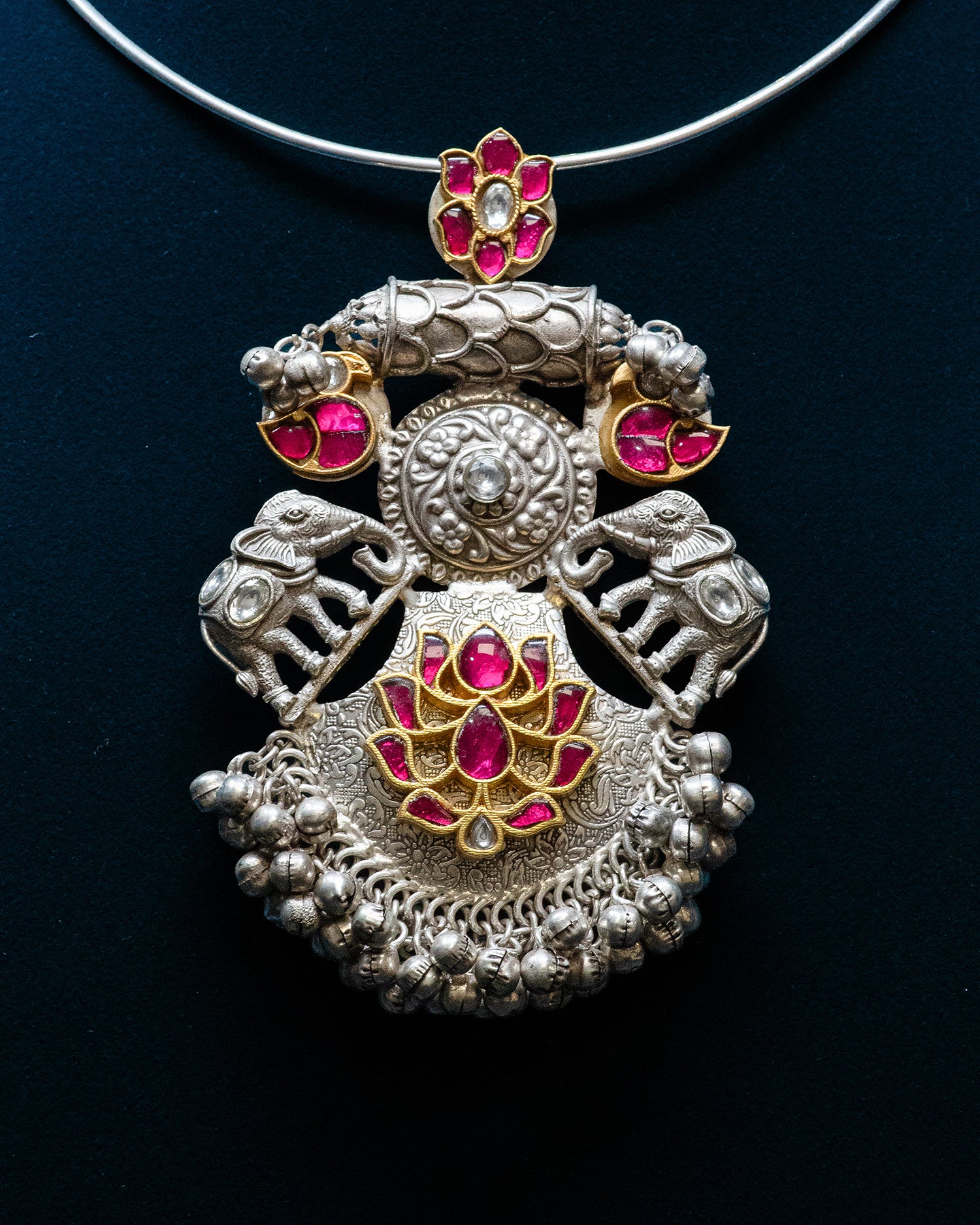 Elephant Motif Pink Stone Pink Lotus Silver Look Alike Necklace Set