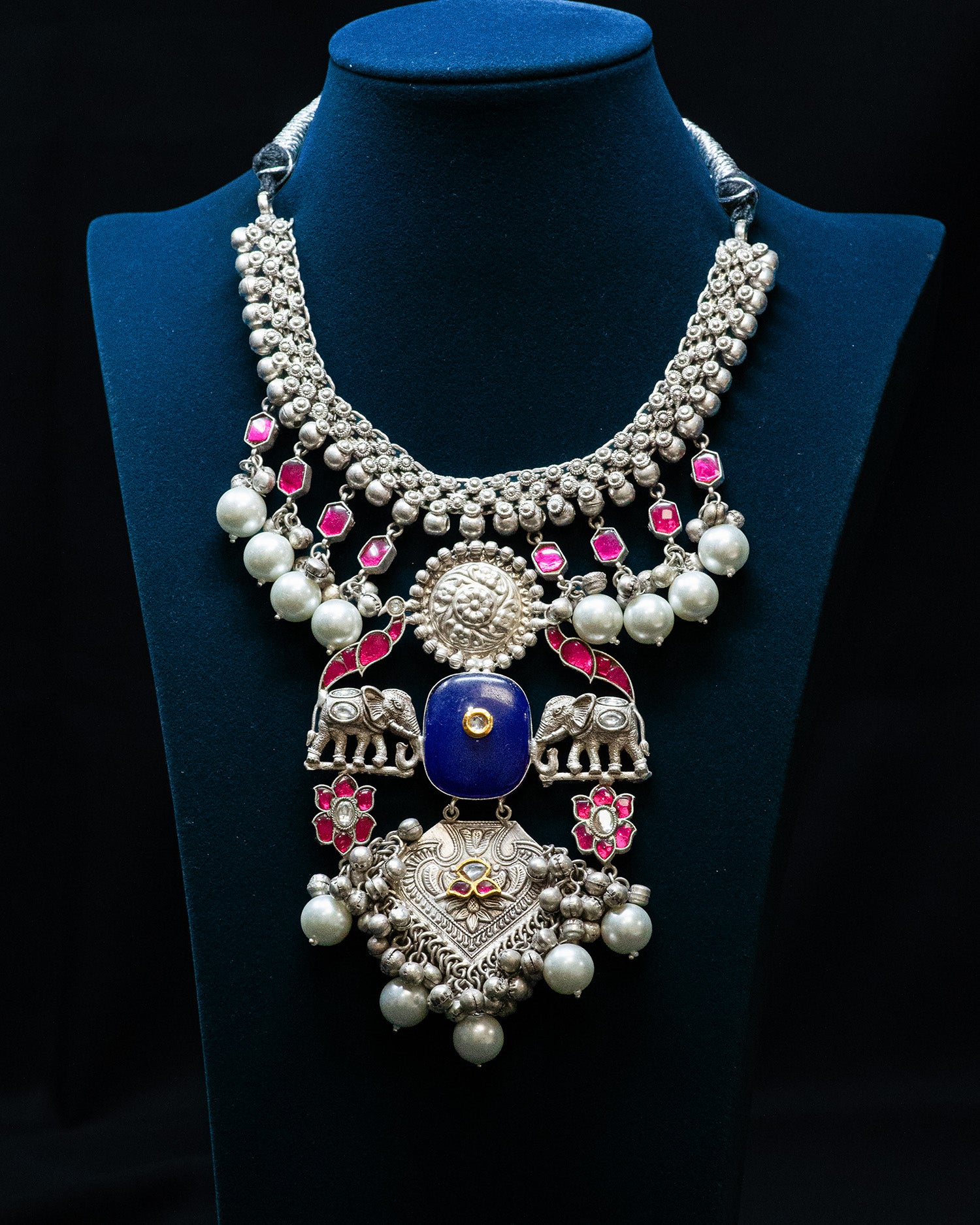 Blue Centre Stone Dual Elephant Pearl Silver Look Alike Necklace Set