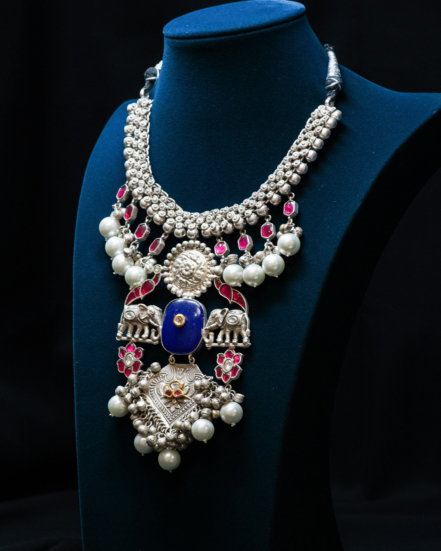 Blue Centre Stone Dual Elephant Pearl Silver Look Alike Necklace Set