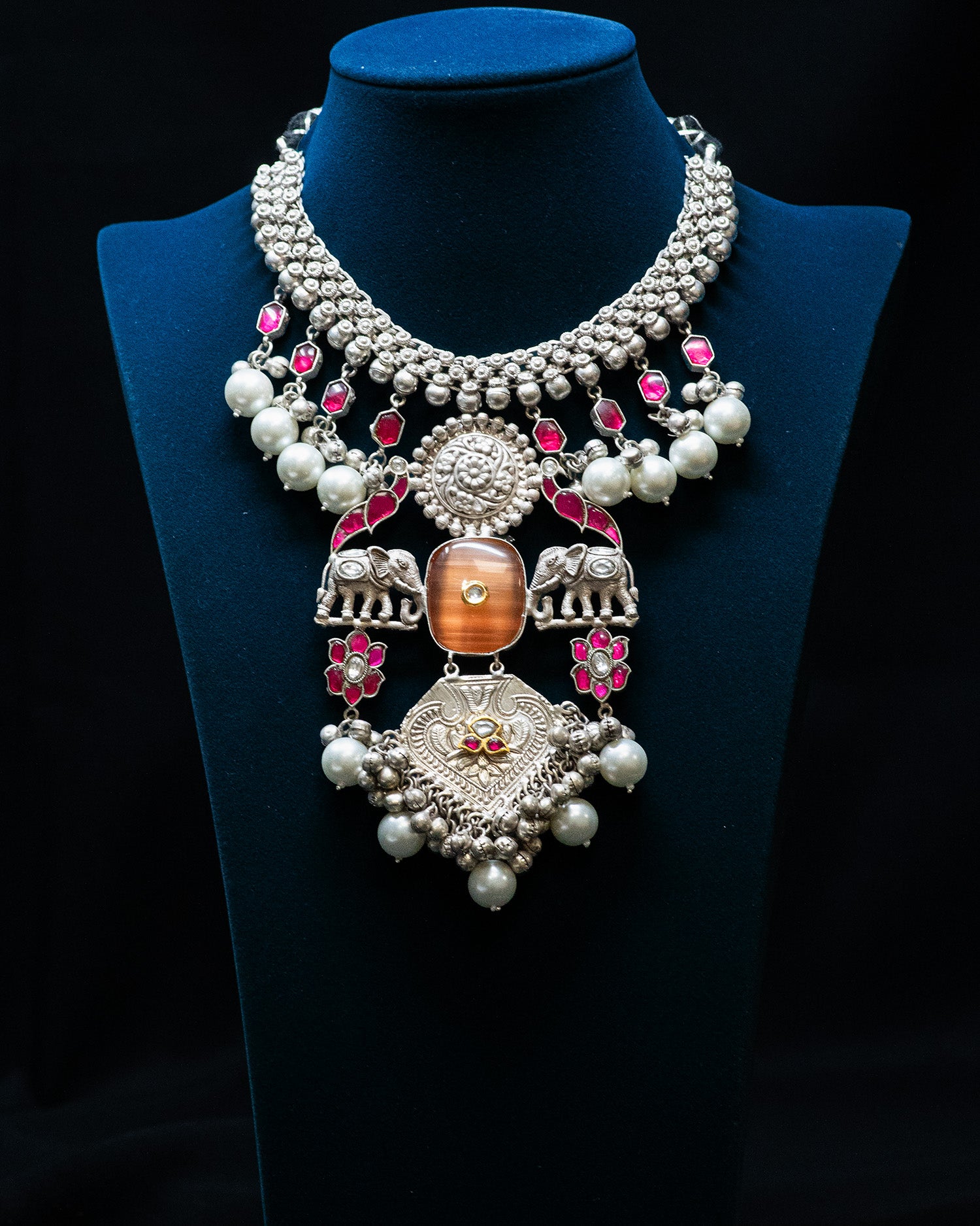 Orange Centre Stone Dual Elephant Pearl Silver Look Alike Necklace Set