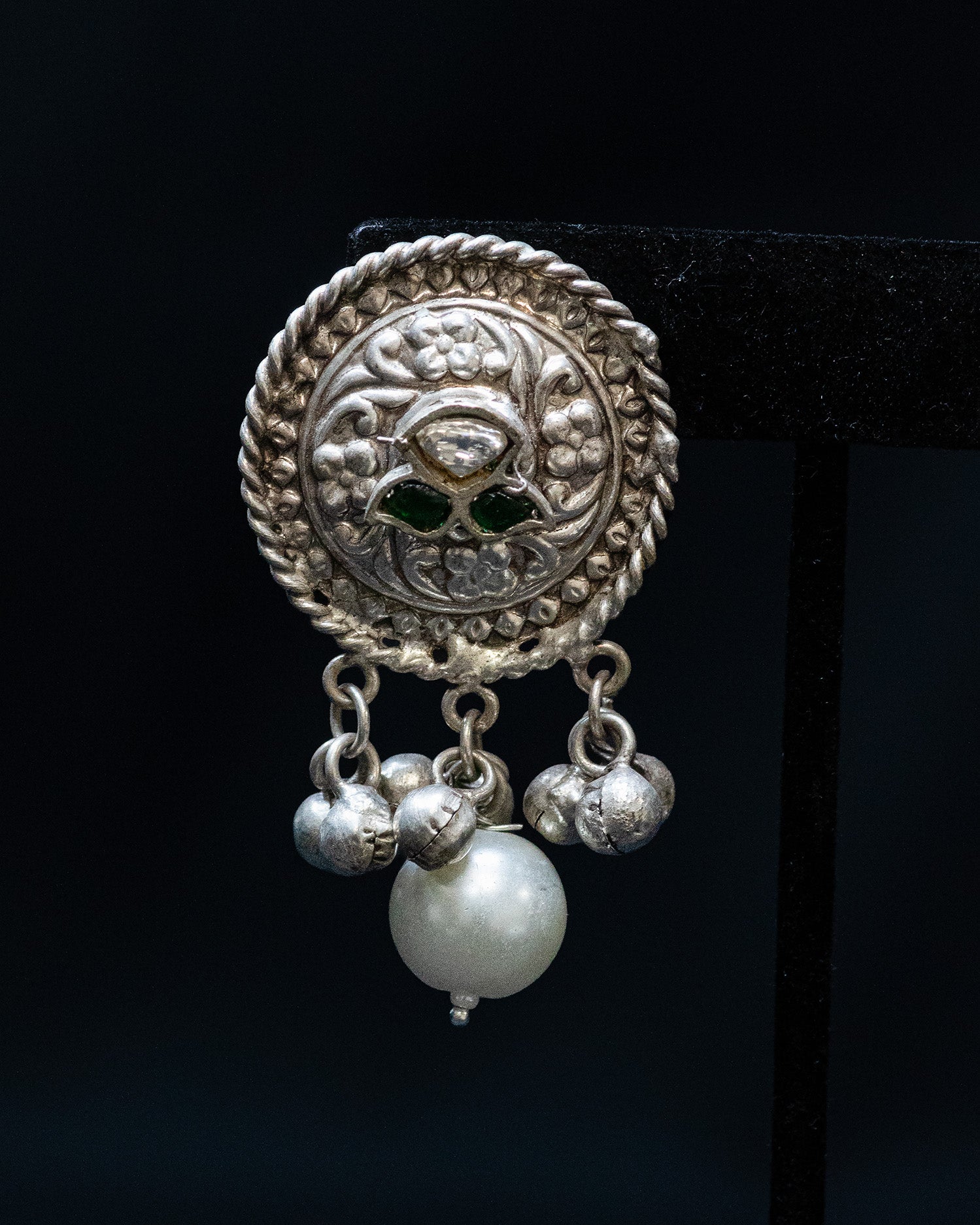 Brown Centre Stone Dual Elephant Pearl Silver Look Alike Necklace Set