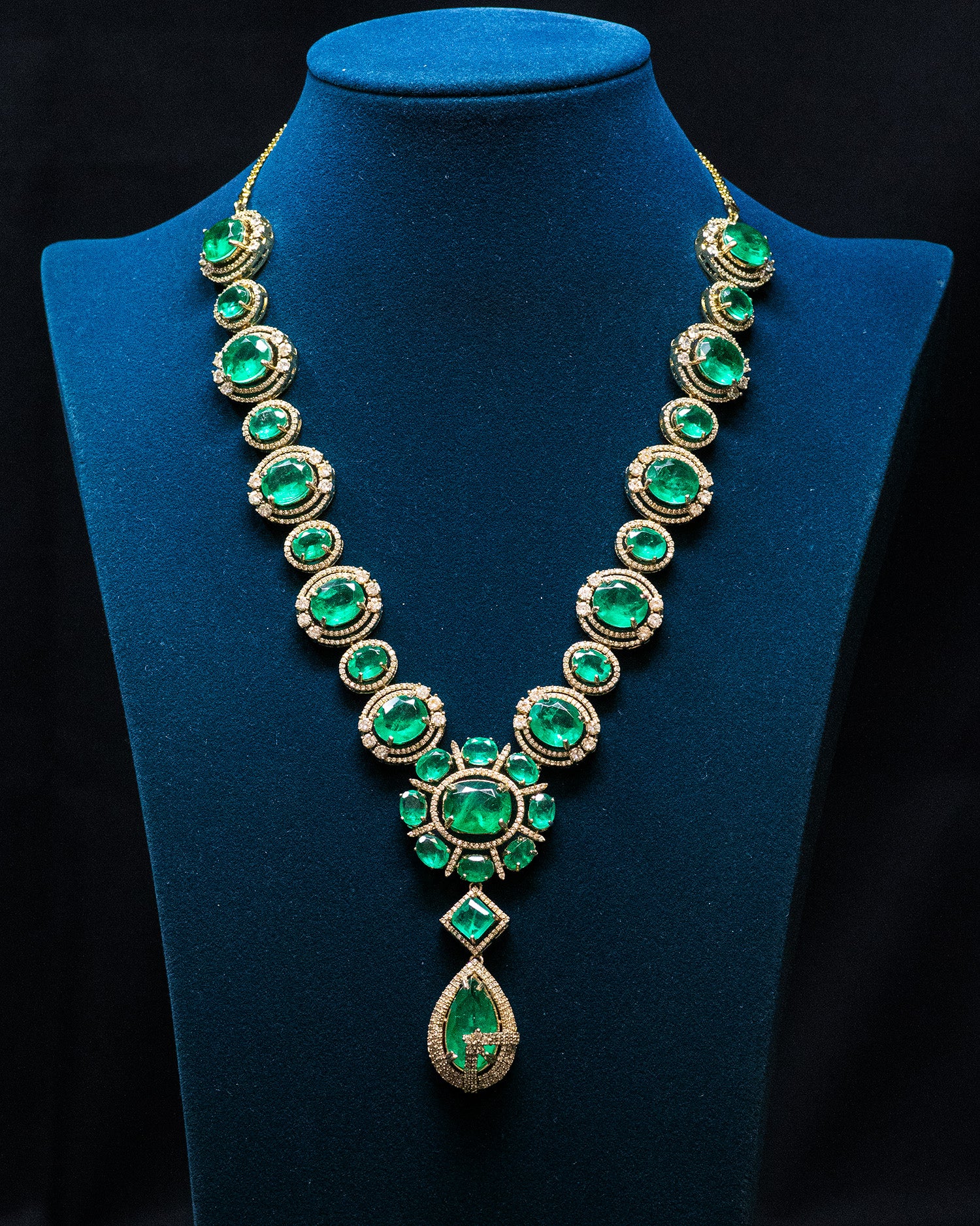 Dark Green Stones Gold Finish Long Kundan Necklace Set