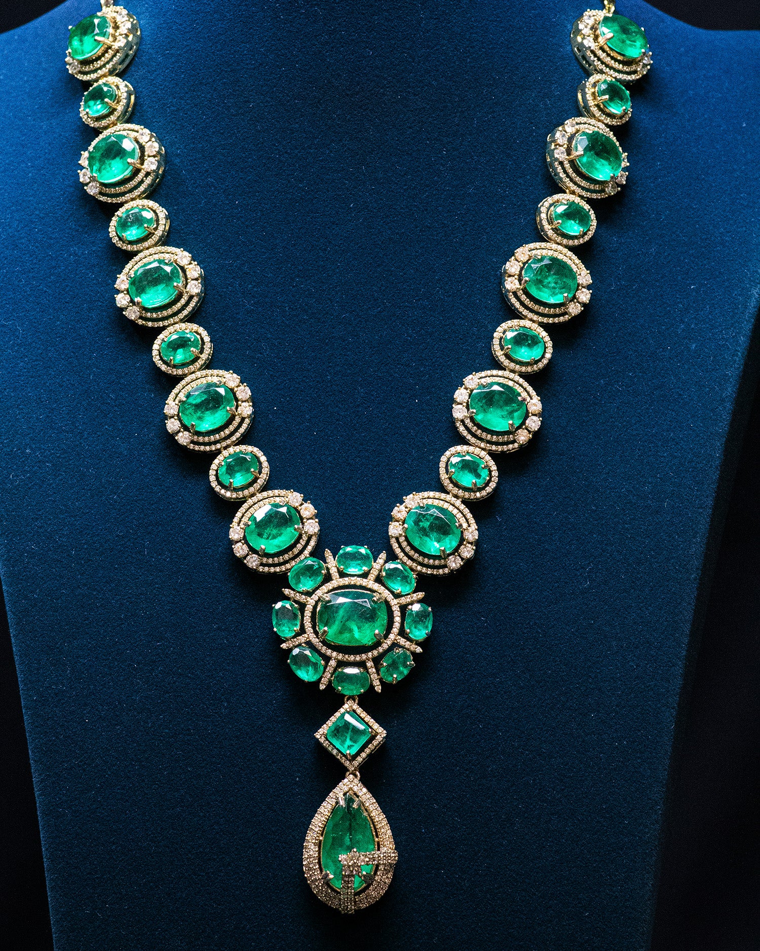 Dark Green Stones Gold Finish Long Kundan Necklace Set