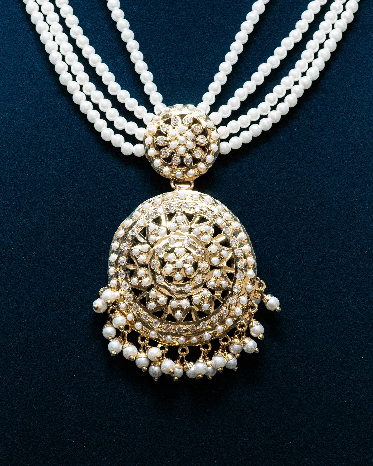 Multilayer Pearl Gold Finish Flora Kundan Necklace Set