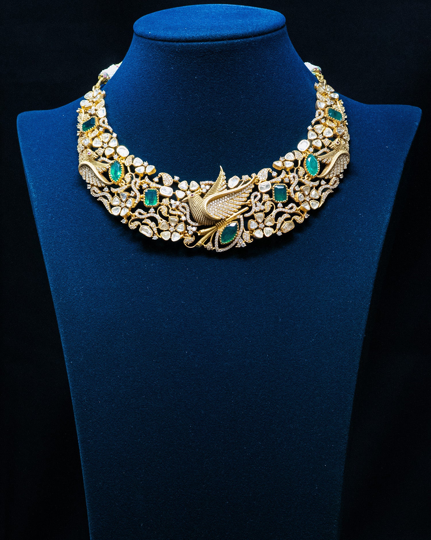 Royal Emerald & Uncut Kundan Bird Motif Necklace Set with Jhumkis