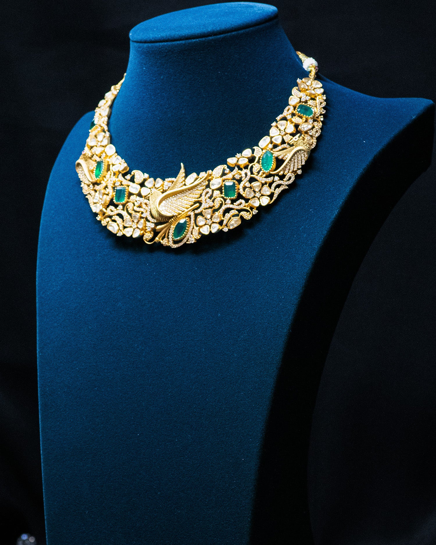 Royal Emerald & Uncut Kundan Bird Motif Necklace Set with Jhumkis