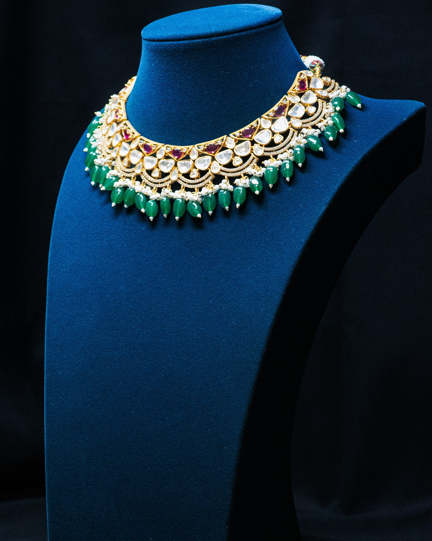 Royal Emerald & Ruby Dual-Tone Kundan Choker Set with Bead Drops