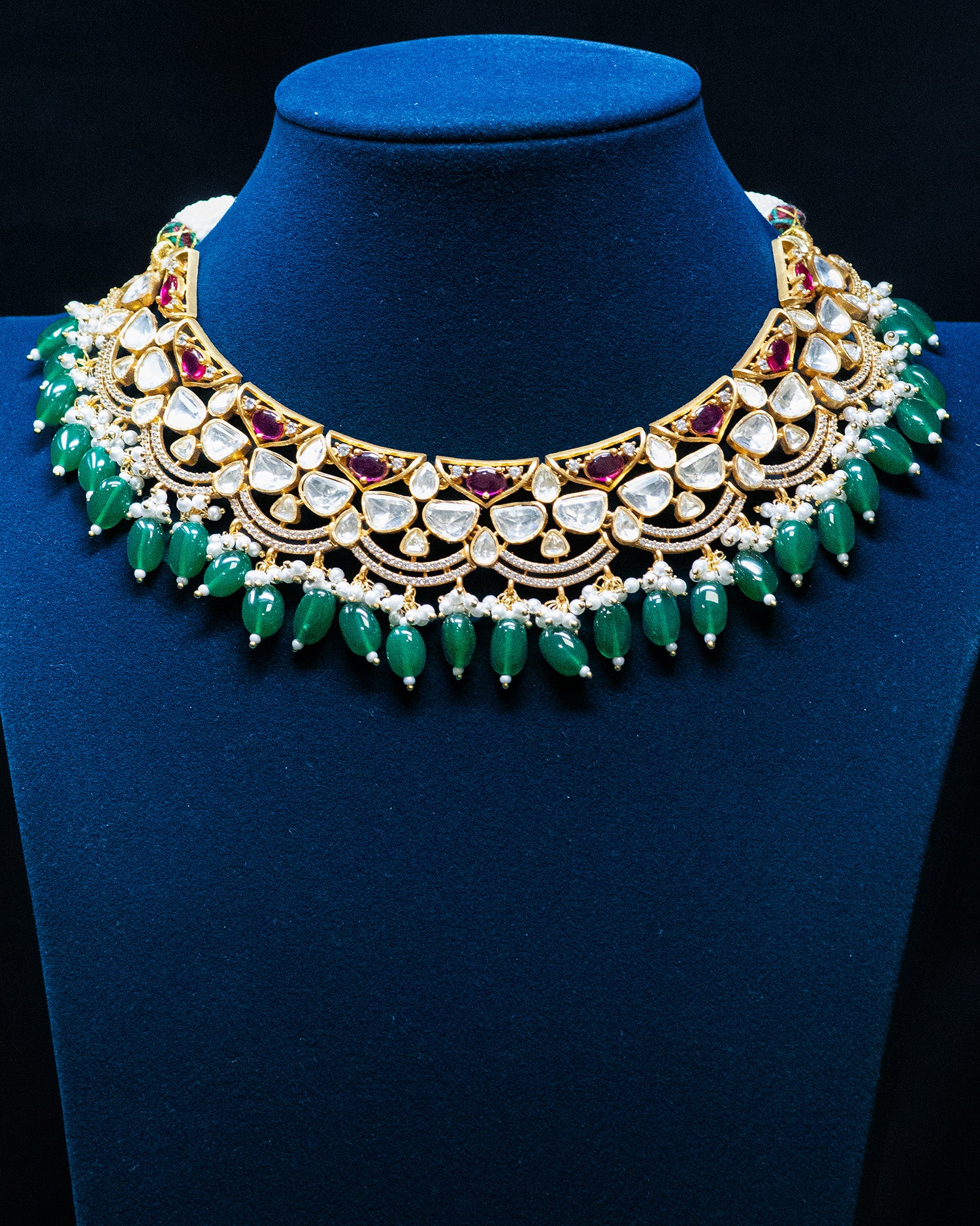 Royal Emerald & Ruby Dual-Tone Kundan Choker Set with Bead Drops