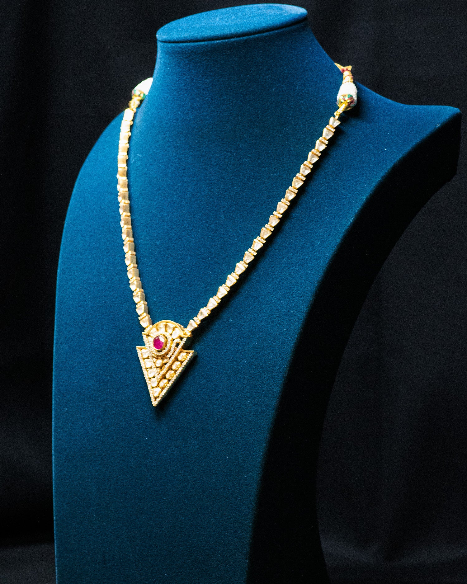Geometric Triangular Ruby & Uncut Kundan Long Pendant Chain Set