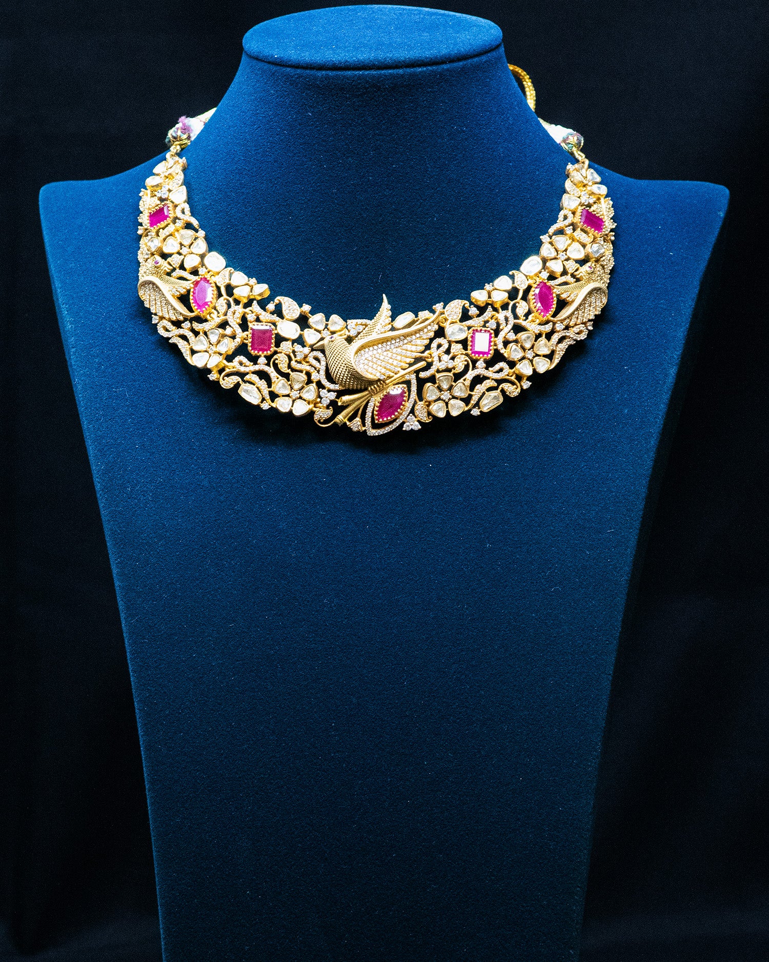 Royal Ruby Red & Uncut Kundan Bird Motif Necklace Set with Jhumkis