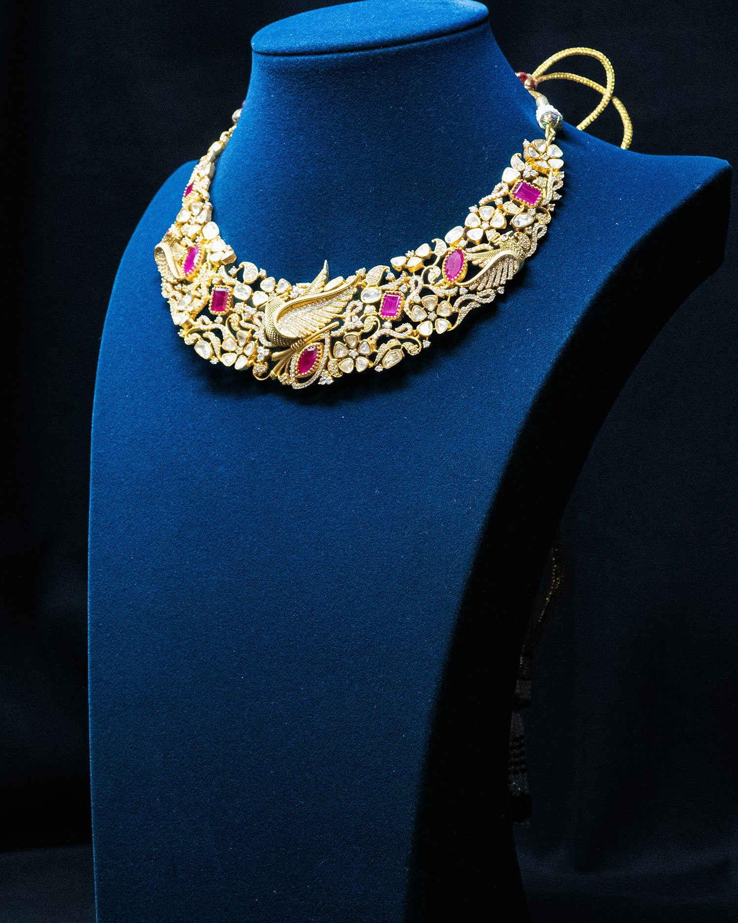 Royal Ruby Red & Uncut Kundan Bird Motif Necklace Set with Jhumkis