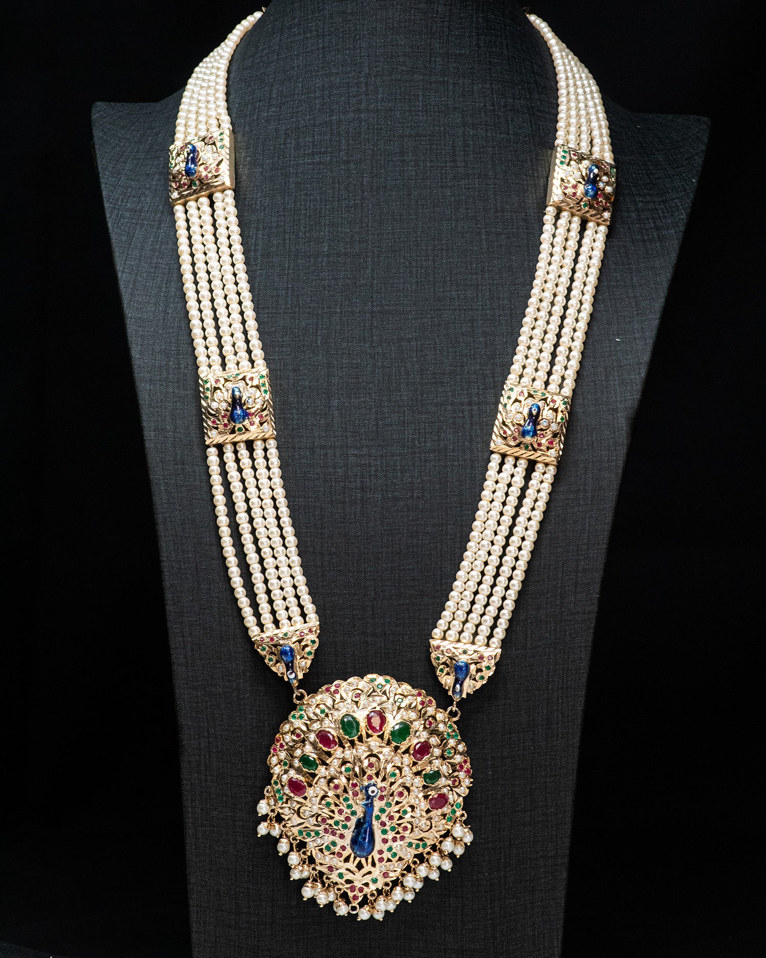Blue Peacock Design Multi Layered Beads Punjabi Jadau Necklace set