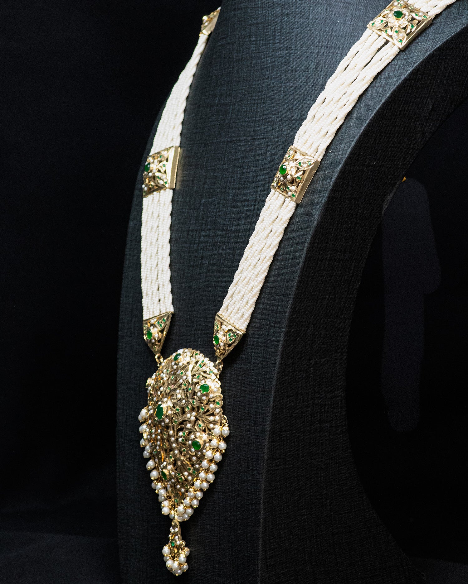 Green Multi Layer White Pearls Punjabi Jadau Necklace Set