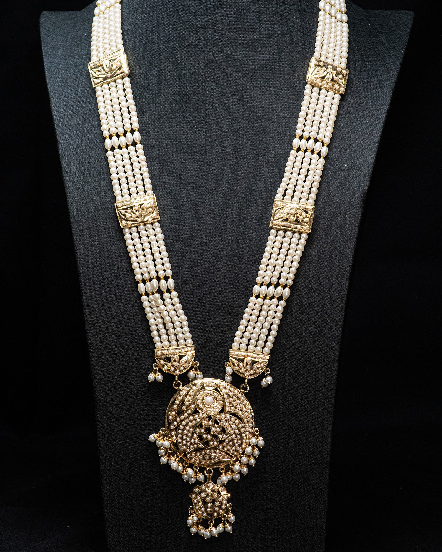 Golden Flora Motif Multi Layer Punjabi Jadau Necklace Set