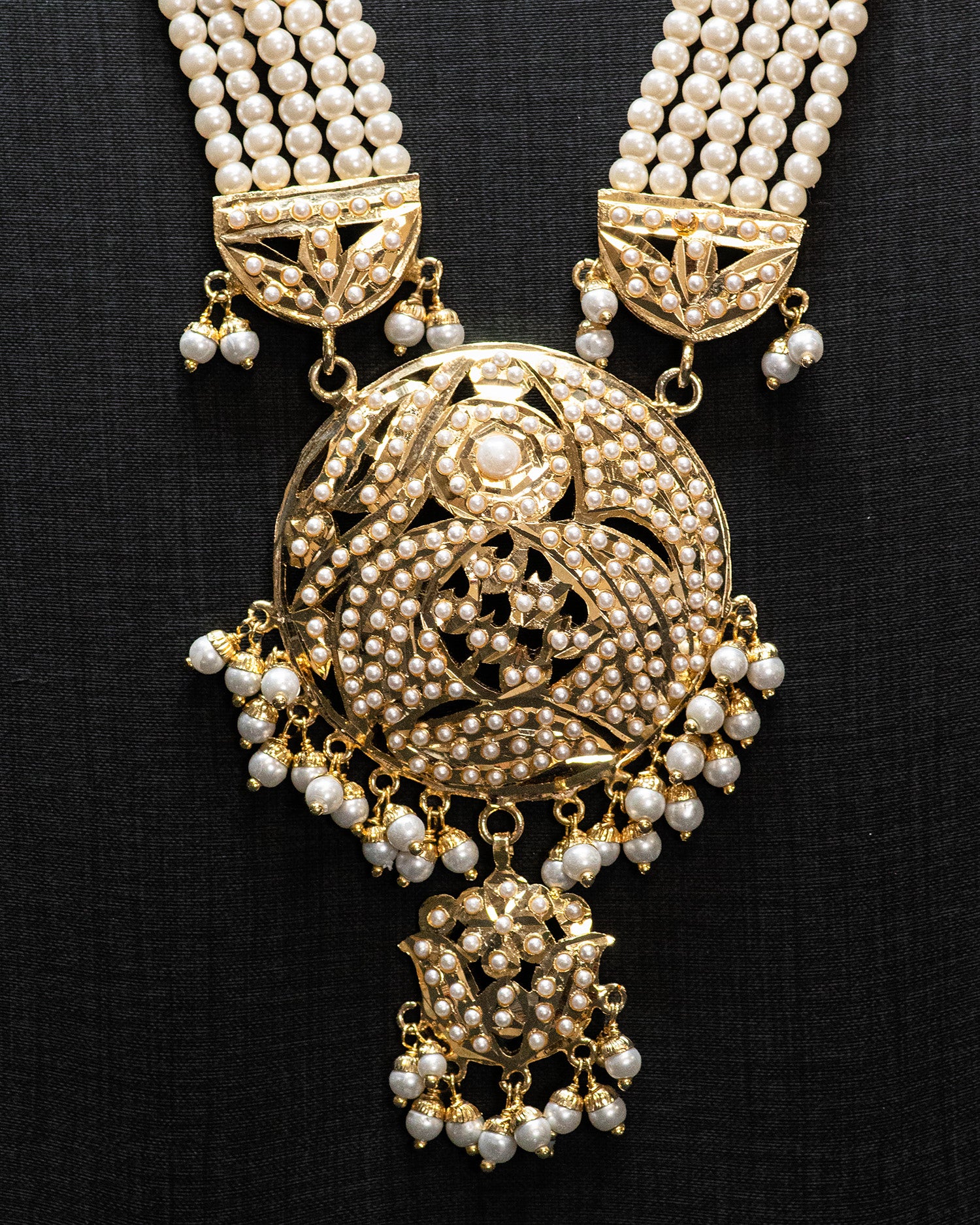 Golden Flora Motif Multi Layer Punjabi Jadau Necklace Set