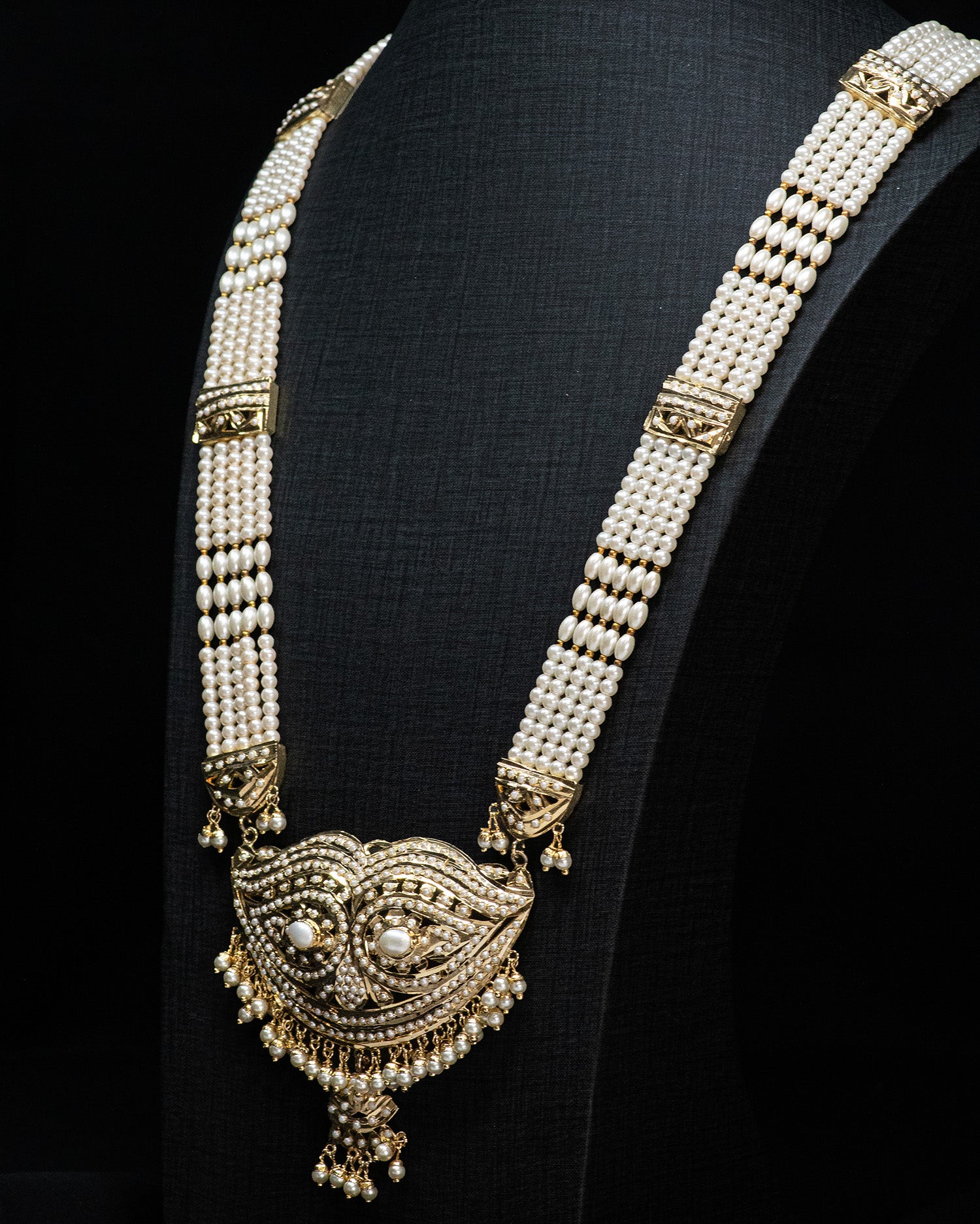 Multilayer Beads White Pearl Leaf Design Punjabi Jadau Necklace Set