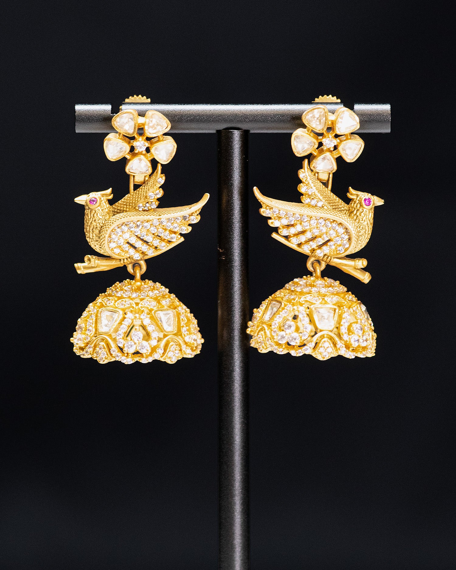 Royal Emerald & Uncut Kundan Bird Motif Necklace Set with Jhumkis
