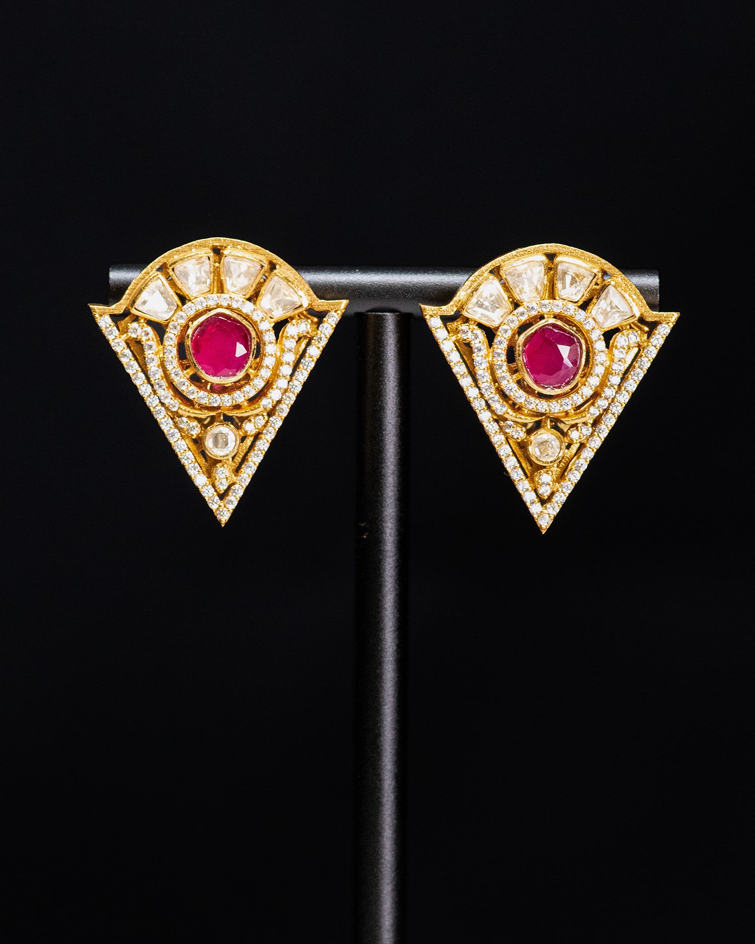 Geometric Triangular Ruby & Uncut Kundan Long Pendant Chain Set