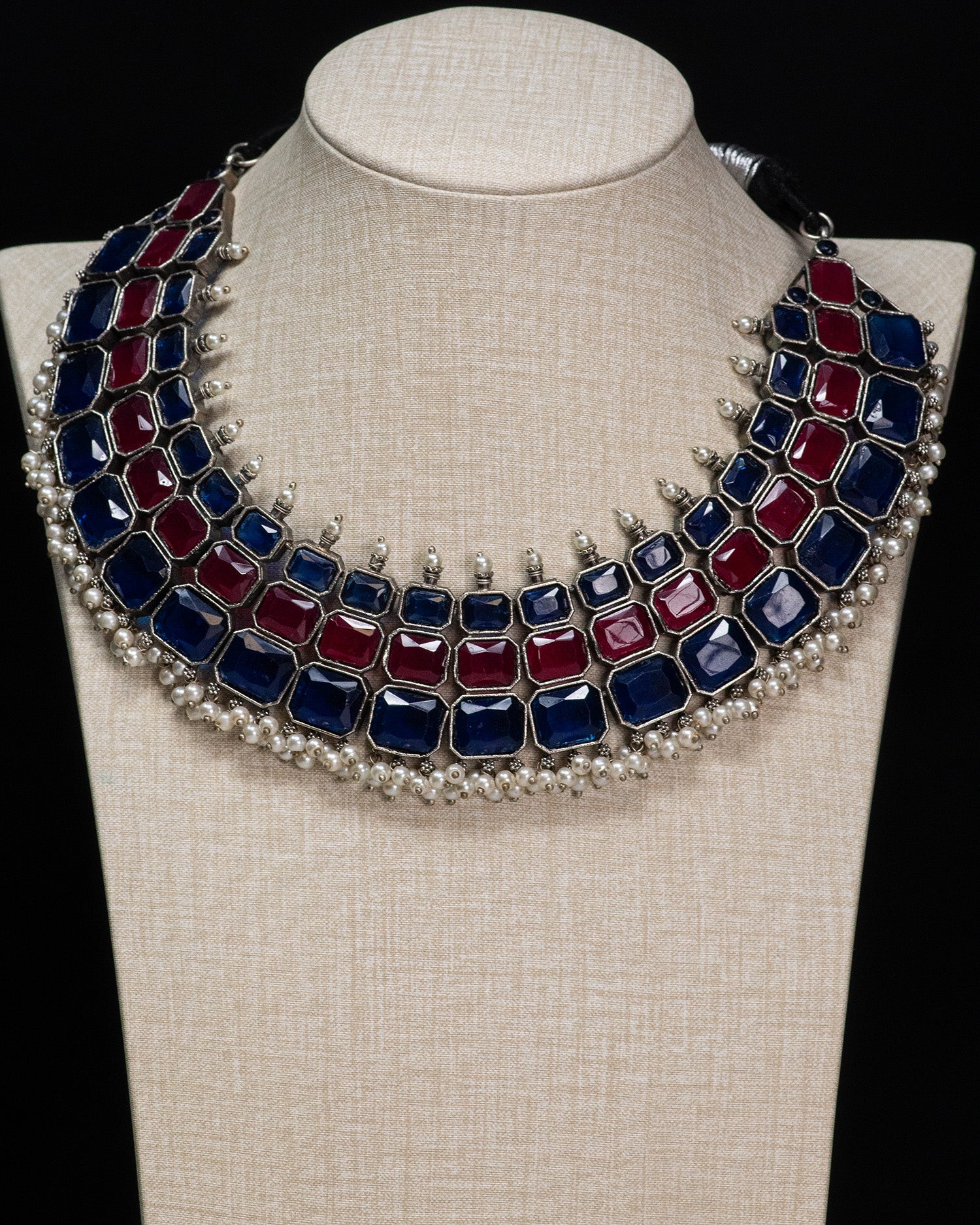 Royal Ruby & Sapphire Stone Silver Look Alike Statement Necklace Set