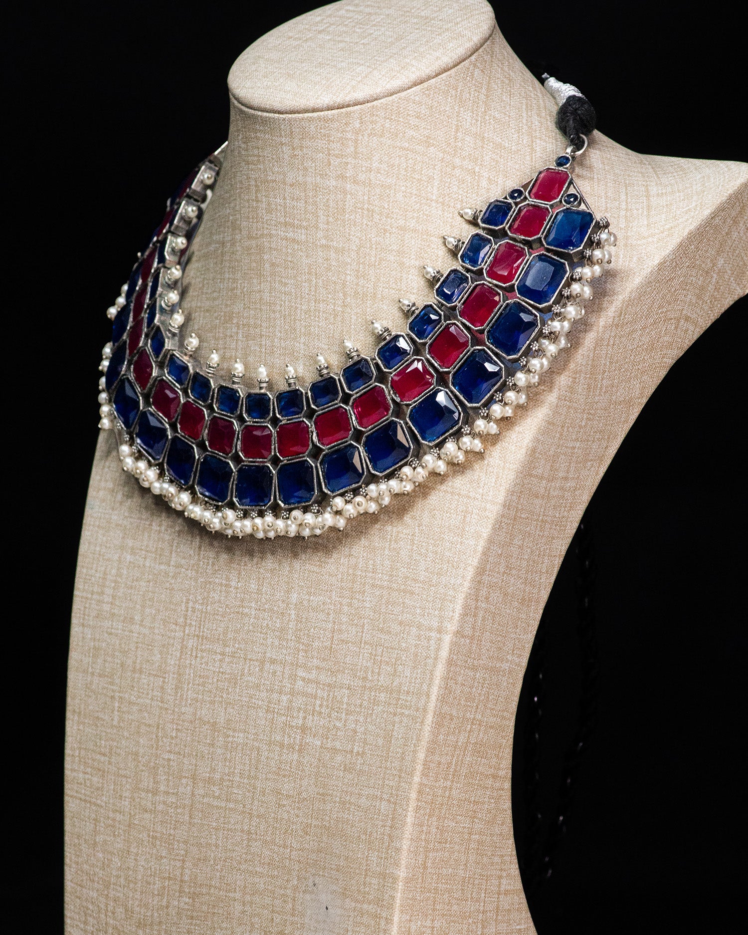 Royal Ruby & Sapphire Stone Silver Look Alike Statement Necklace Set