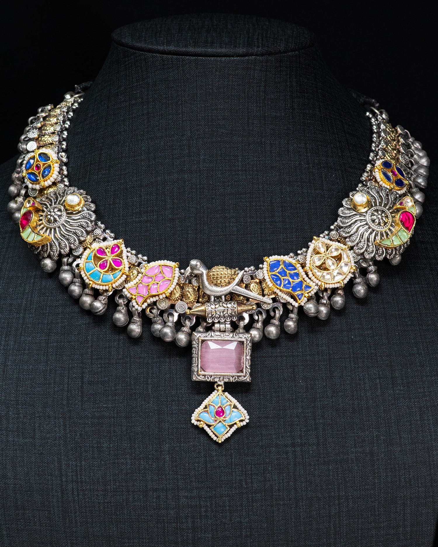 Royal Peacock Heritage Silver Look Alike Statement Necklace Set