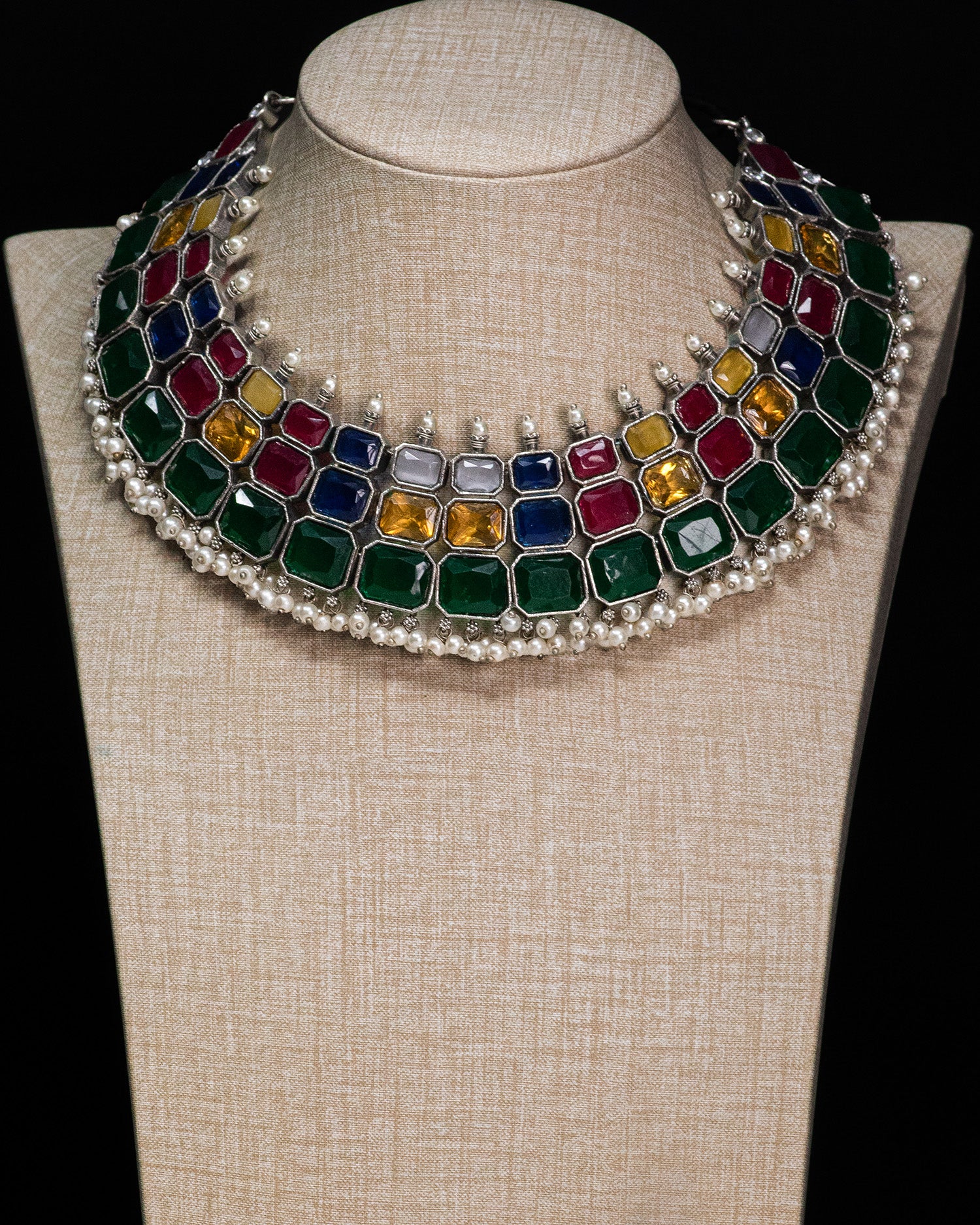 Royal Navratna Stone Silver Look Alike Statement Necklace Set