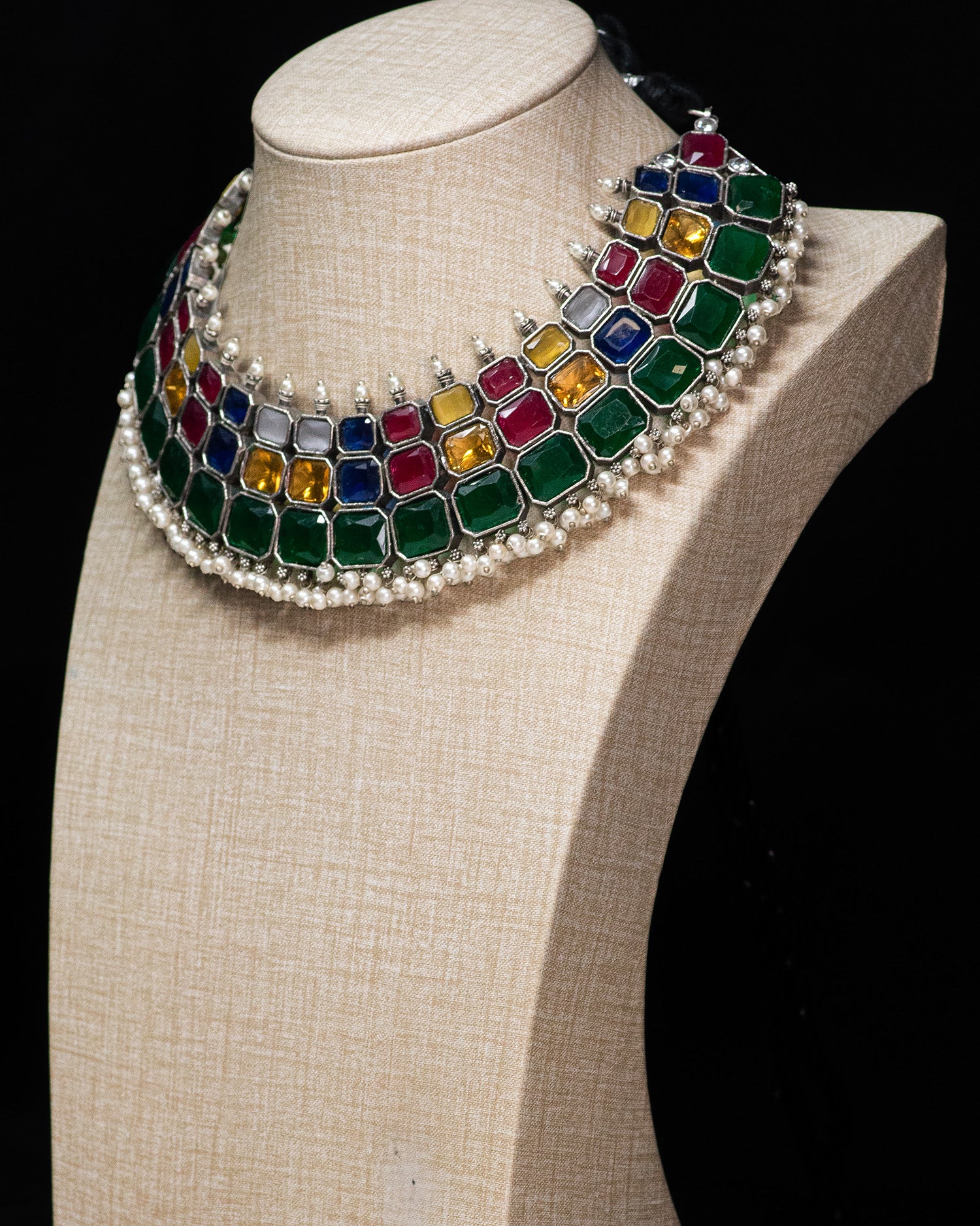 Royal Navratna Stone Silver Look Alike Statement Necklace Set