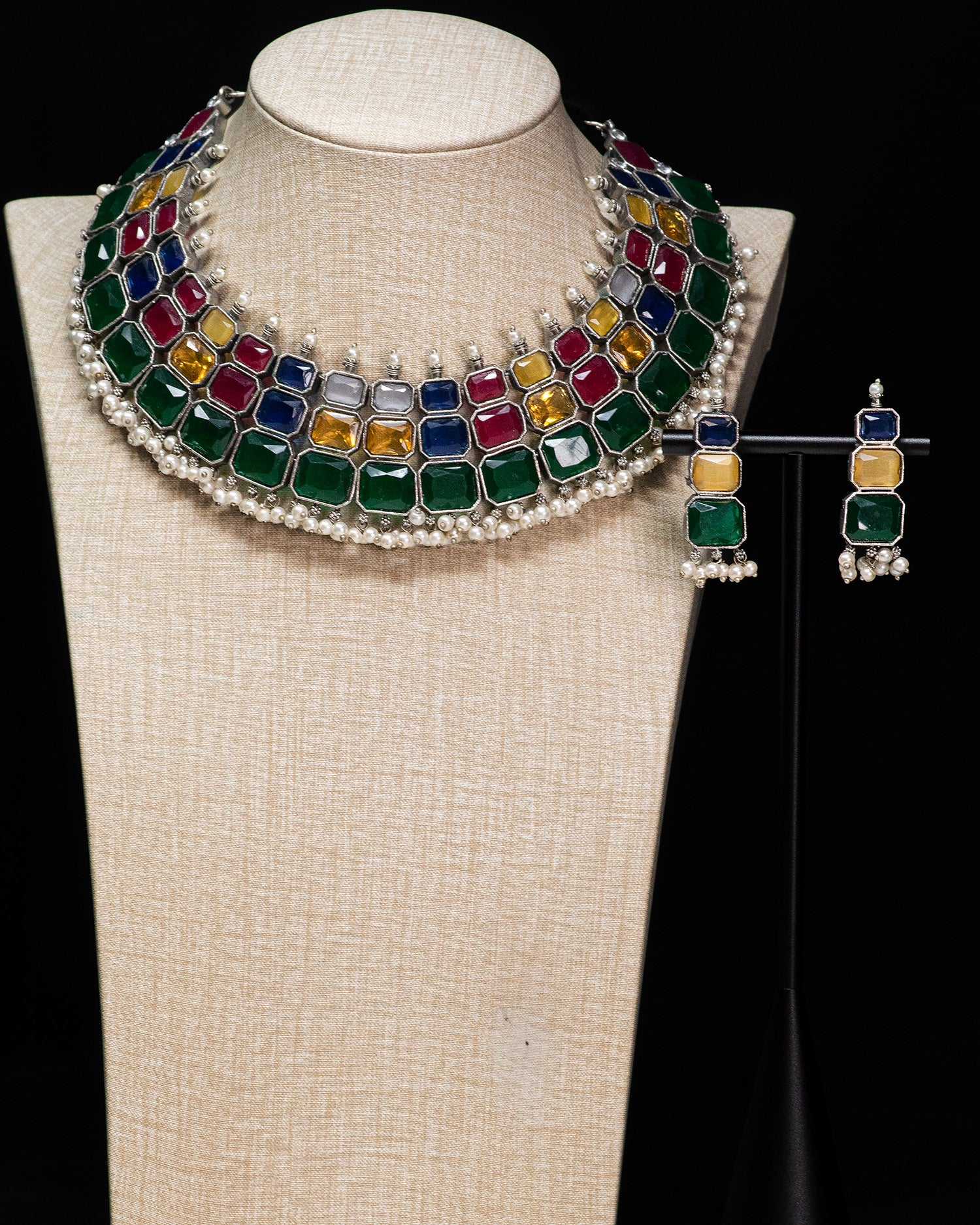 Royal Navratna Stone Silver Look Alike Statement Necklace Set