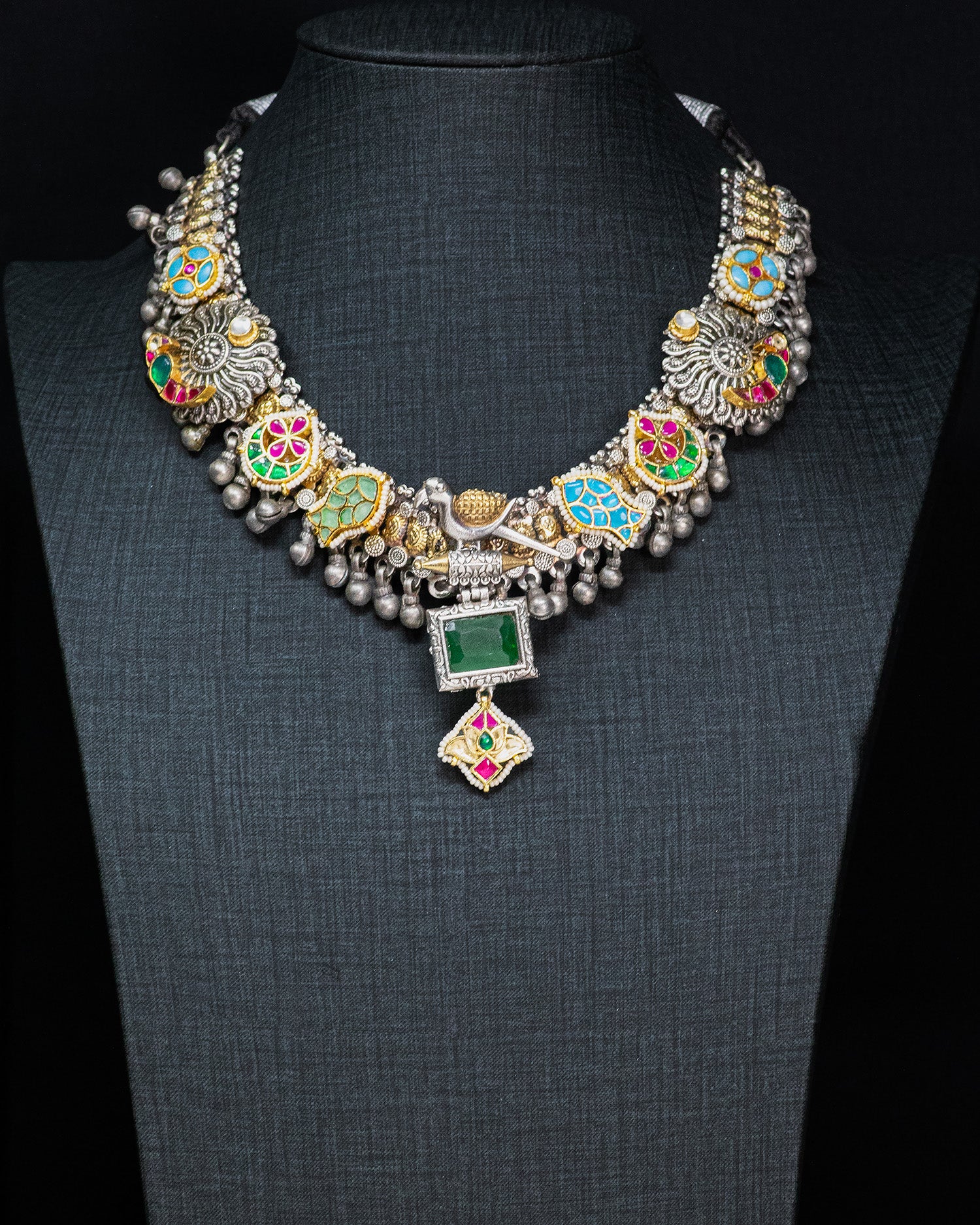Royal Peacock Multicolor Silver Look Alike Statement Necklace Set