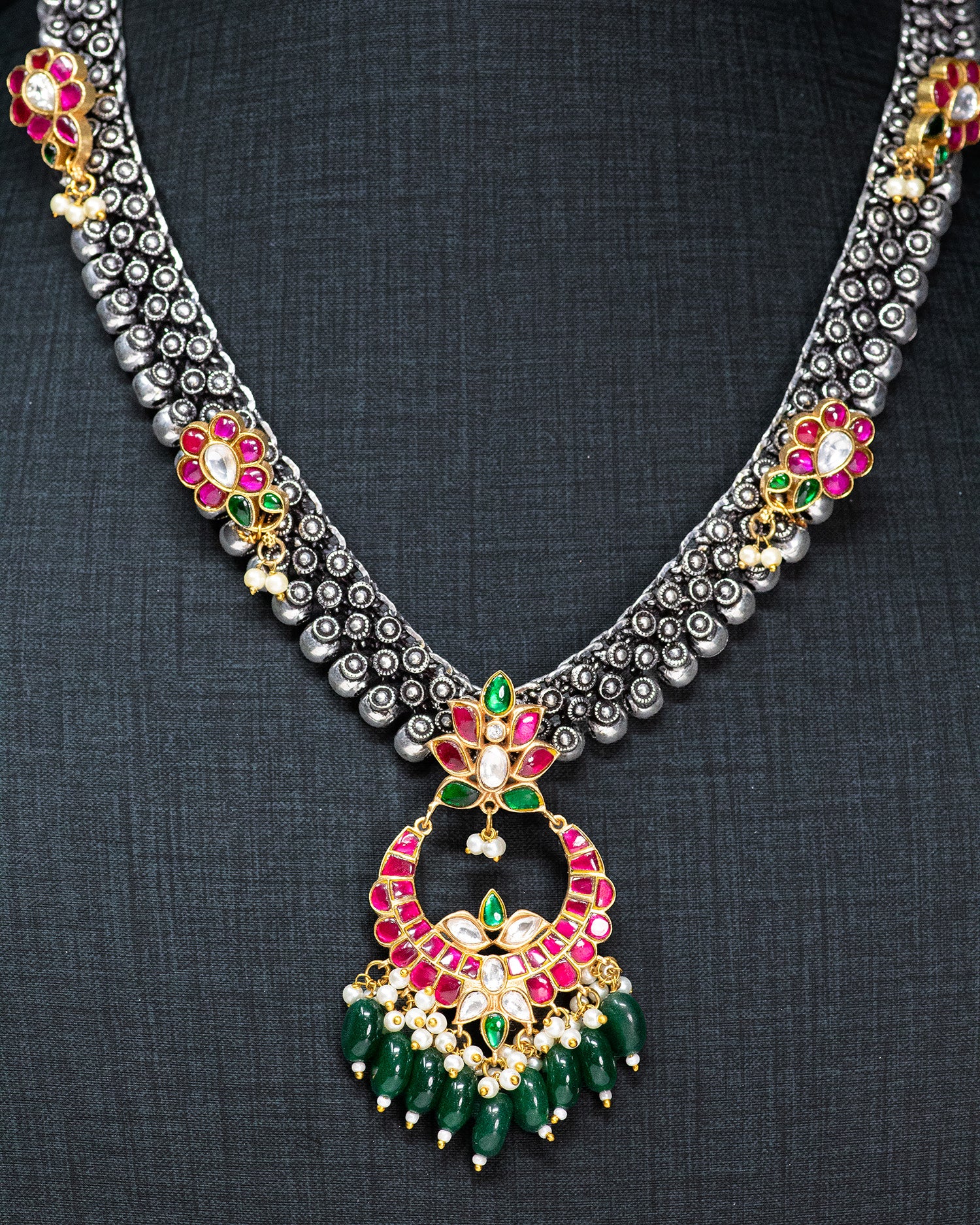 Royal Pink & Green Kundan Silver Look Alike Pendant Necklace Set