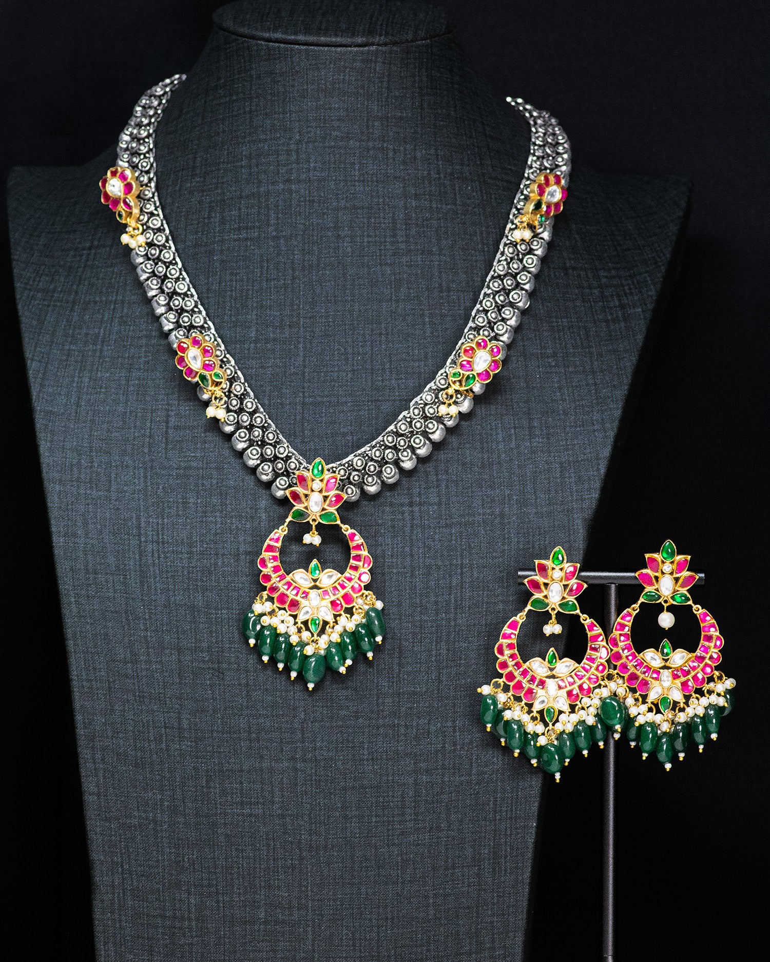 Royal Pink & Green Kundan Silver Look Alike Pendant Necklace Set