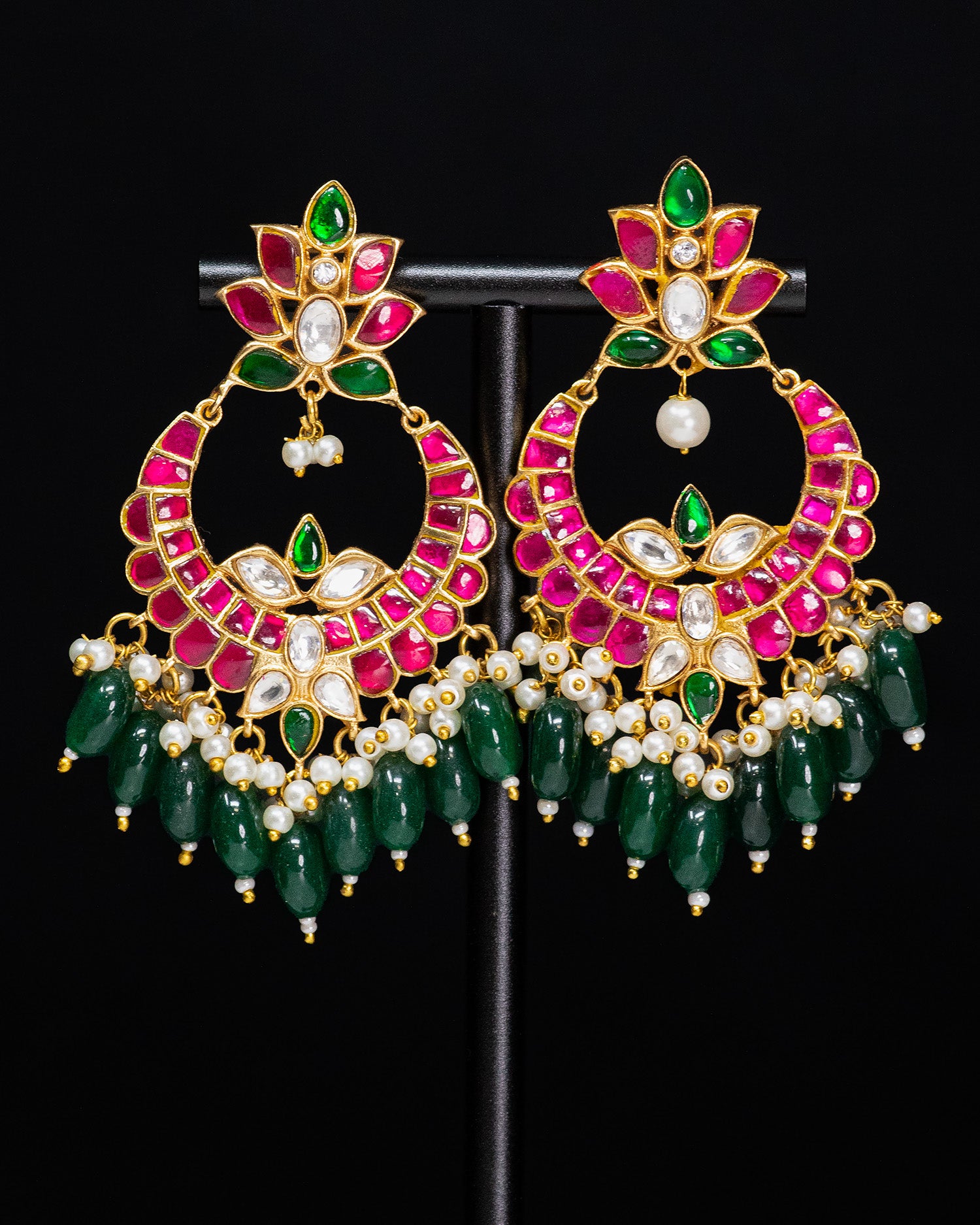 Royal Pink & Green Kundan Silver Look Alike Pendant Necklace Set