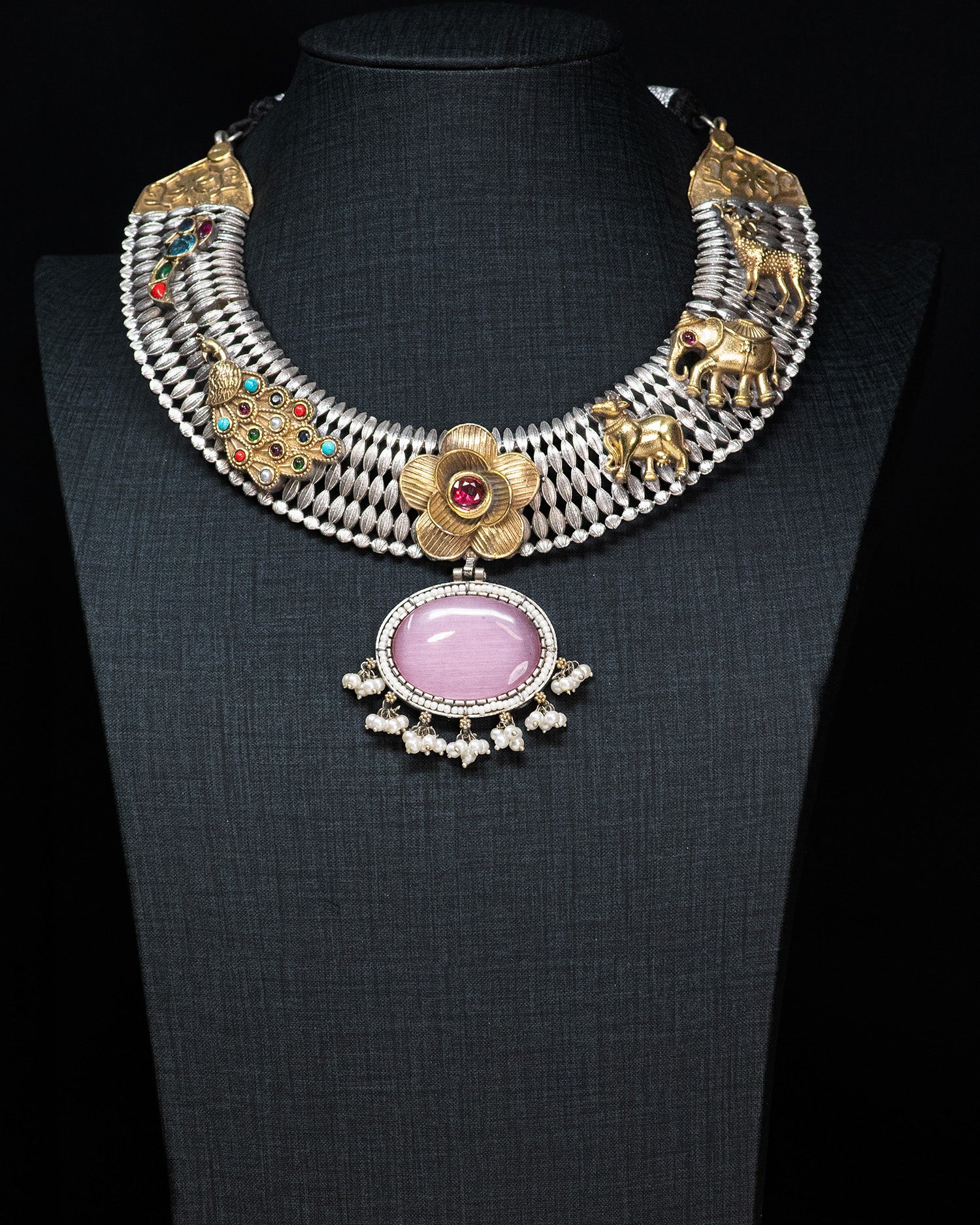 Royal Heritage Floral Silver Look Alike Statement Necklace Set with Pink Stone Pendant