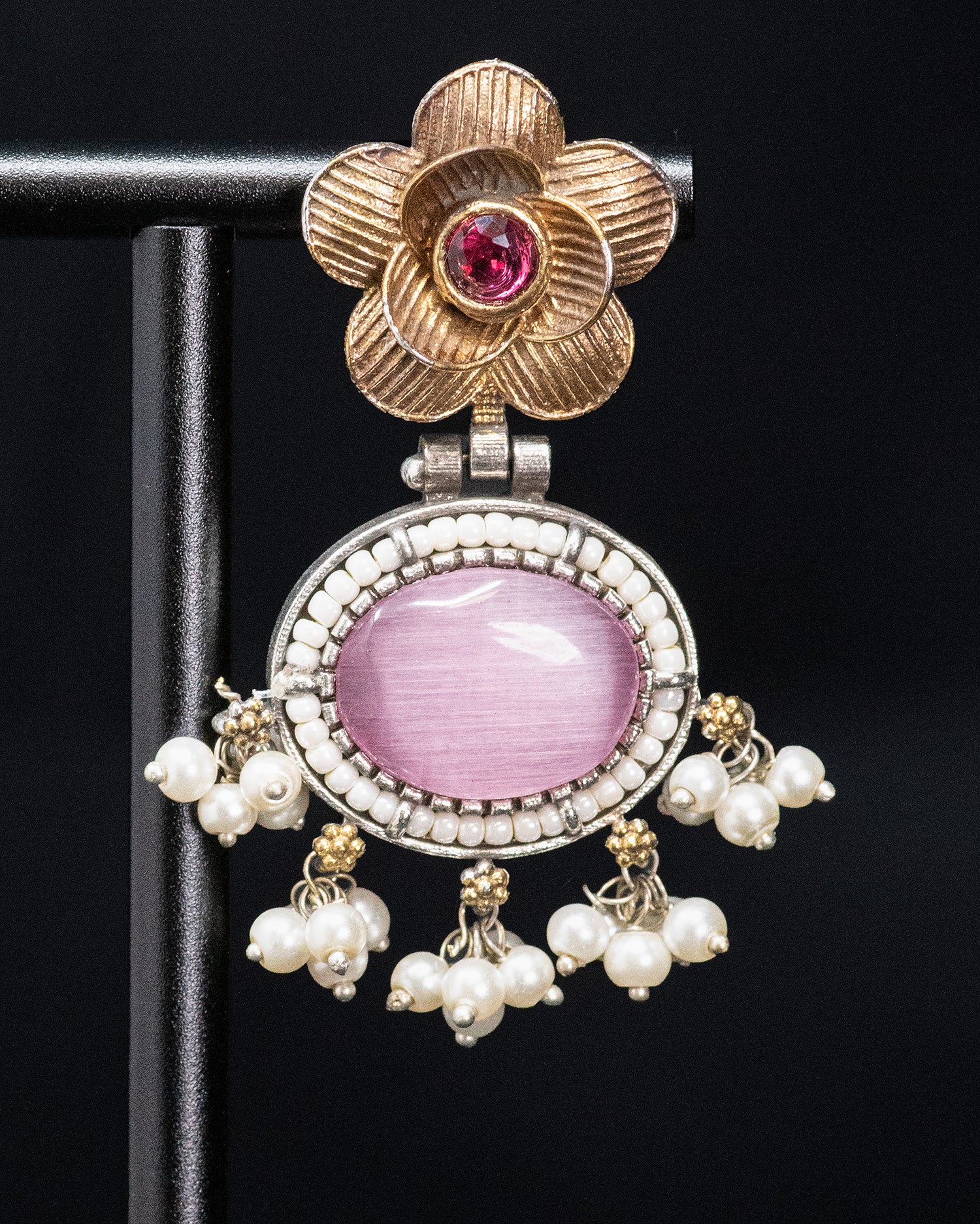 Royal Heritage Floral Silver Look Alike Statement Necklace Set with Pink Stone Pendant