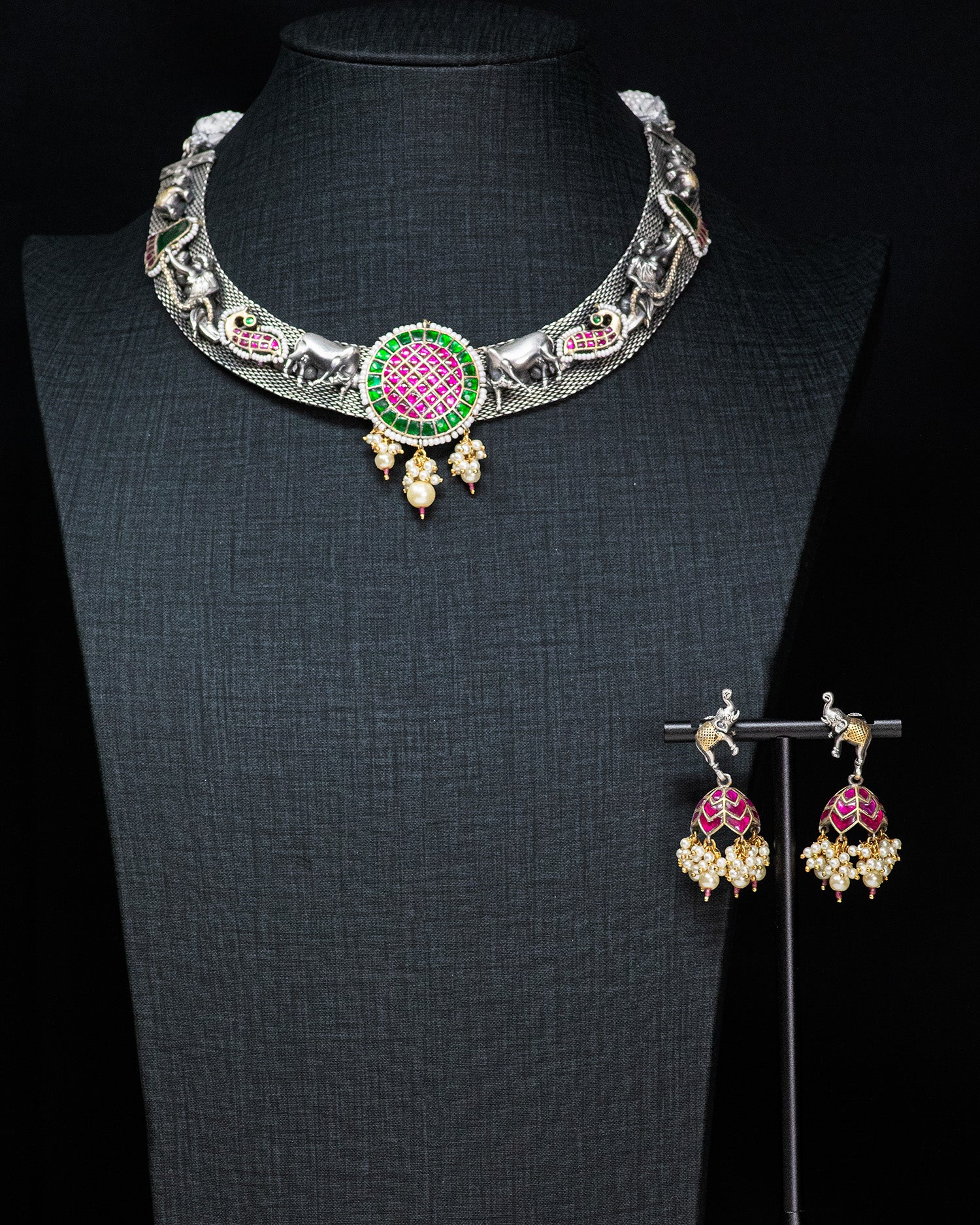 Royal Pink & Green Motif Silver Look Alike Statement Necklace Set