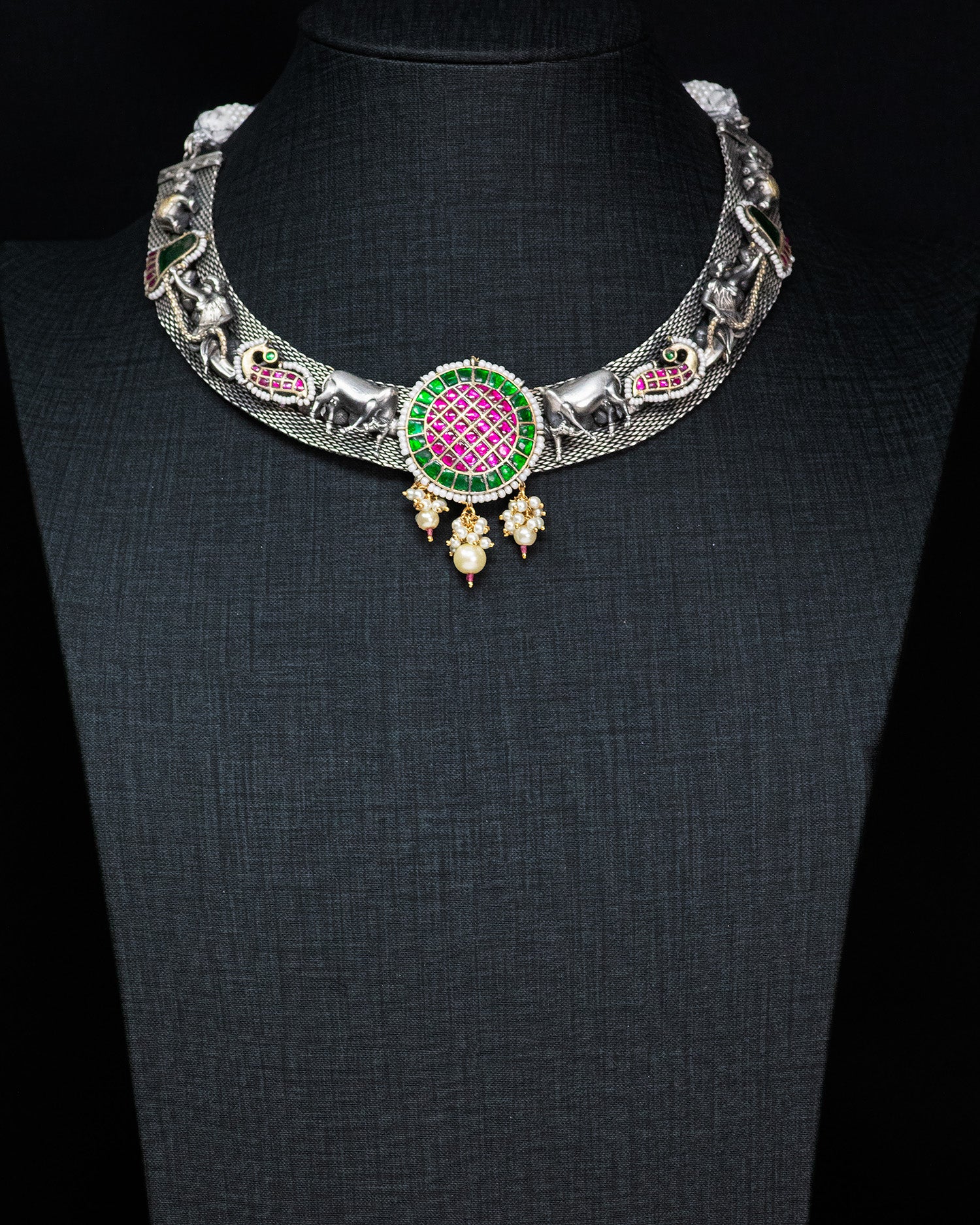 Royal Pink & Green Motif Silver Look Alike Statement Necklace Set